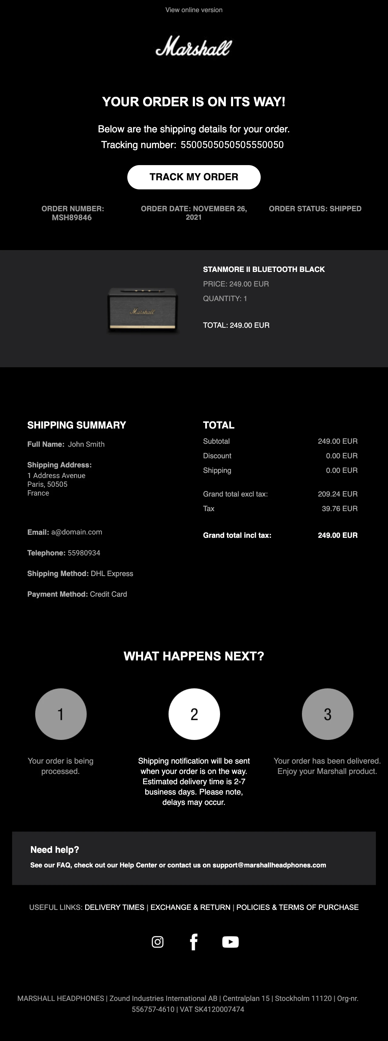 marshall shipping confirmation transactional email example