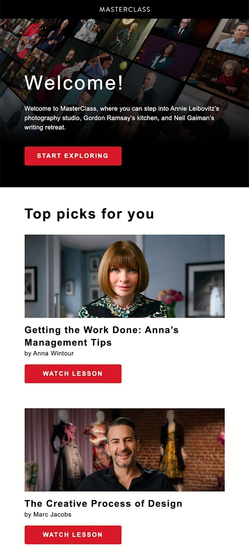 A welcome email example from Masterclass.