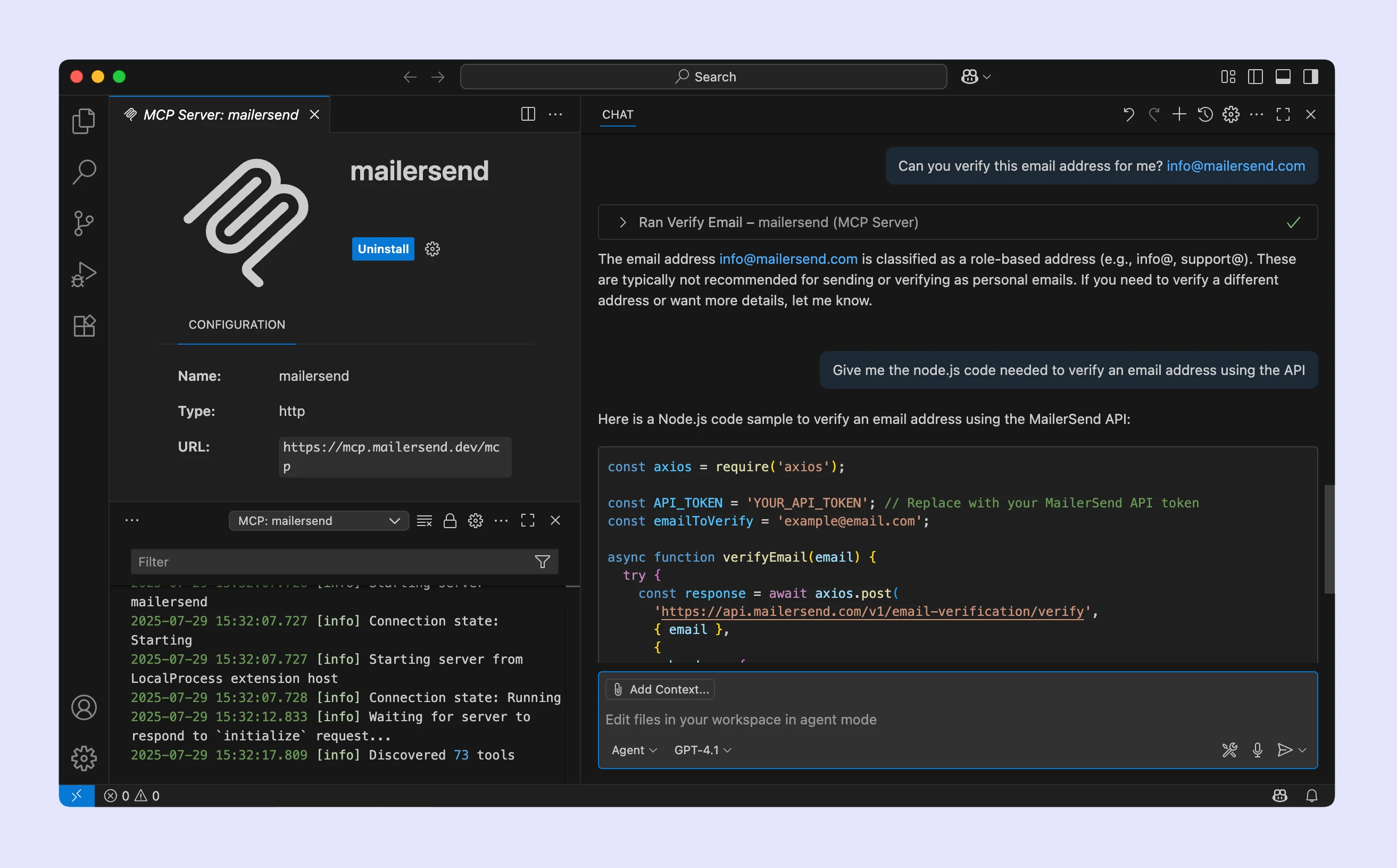 An example of the MCP in use with VSCode.