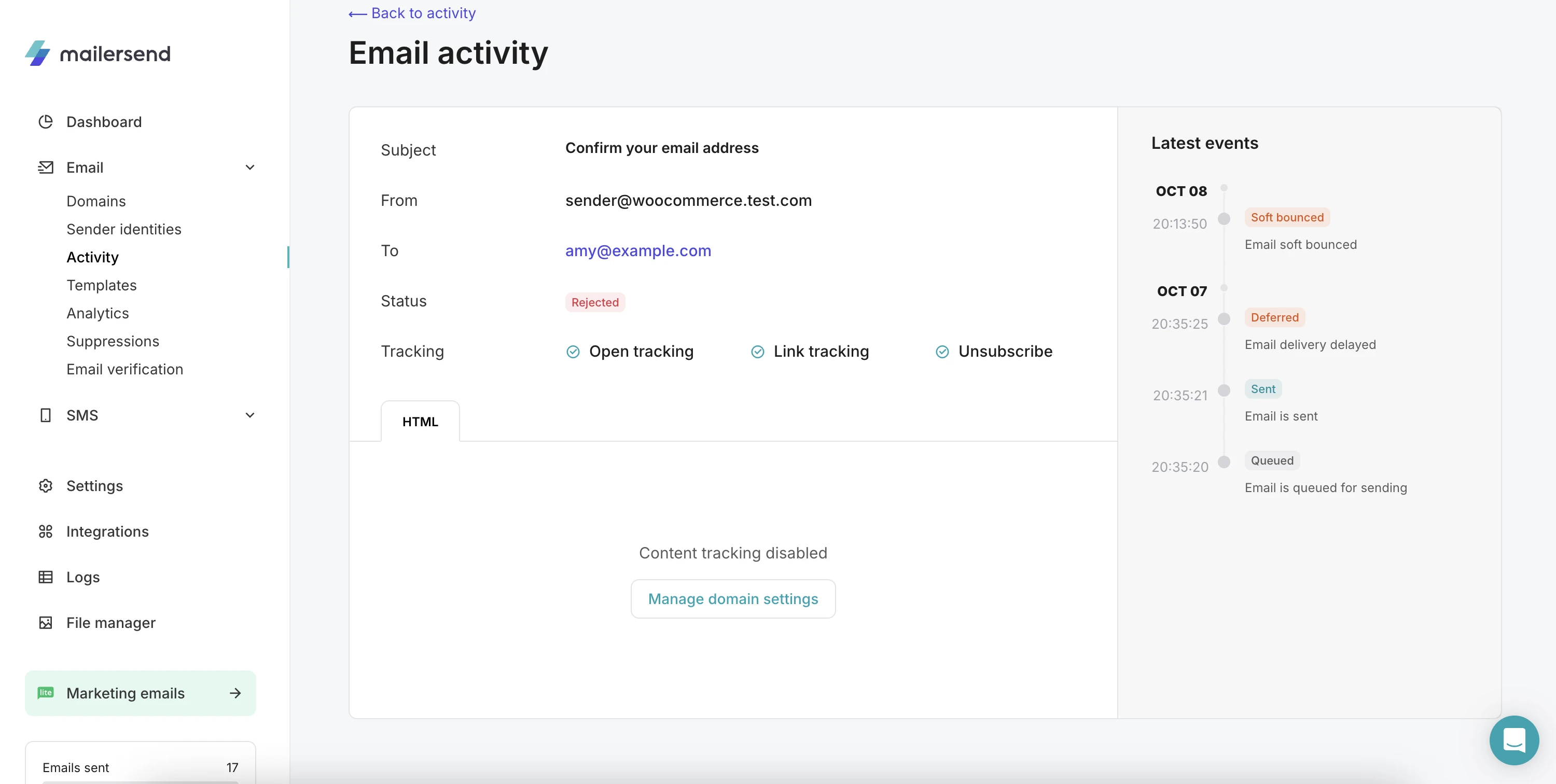 Display of the activity of a specific email in MailerSend.