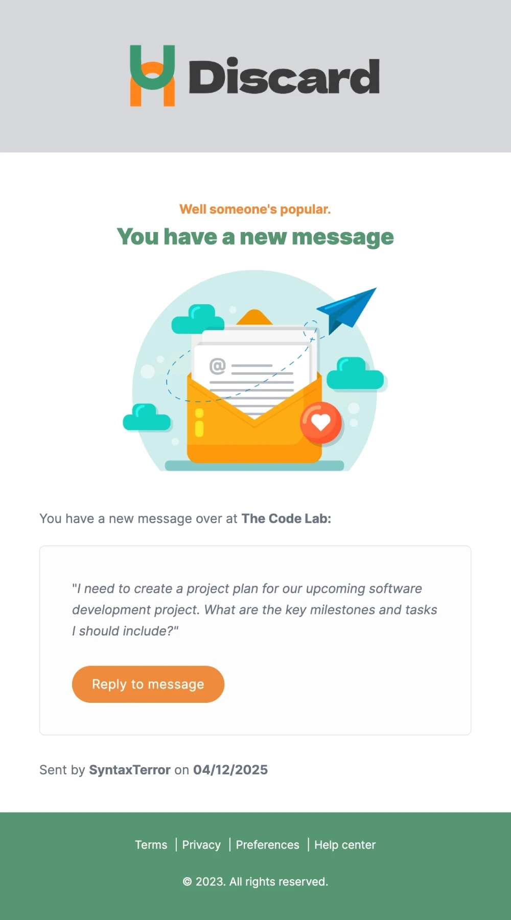 An example of a message notification email built in MailerSend's drag and drop editor.