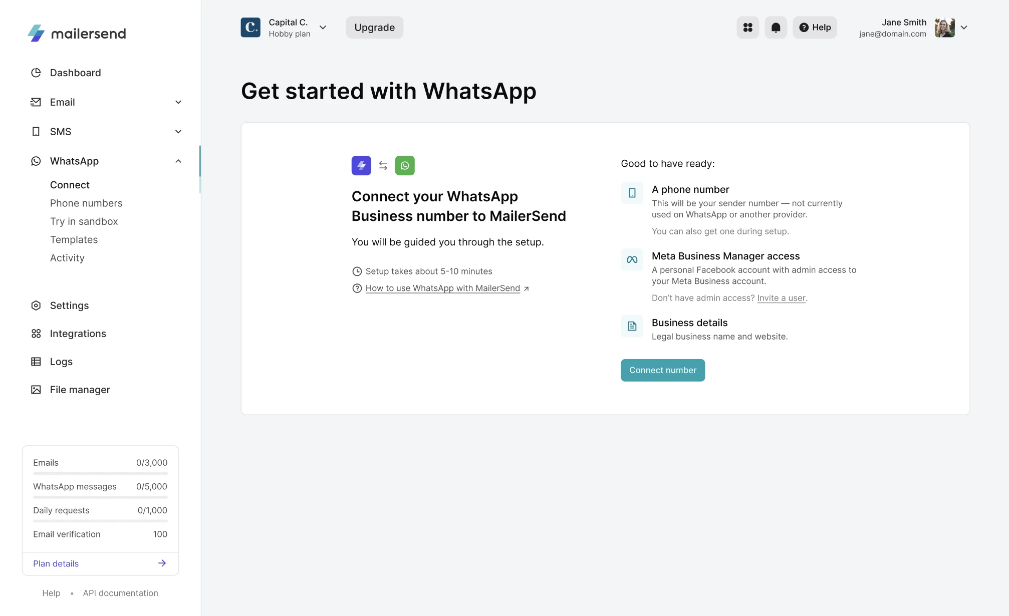 The WhatsApp Connect page with QR code.