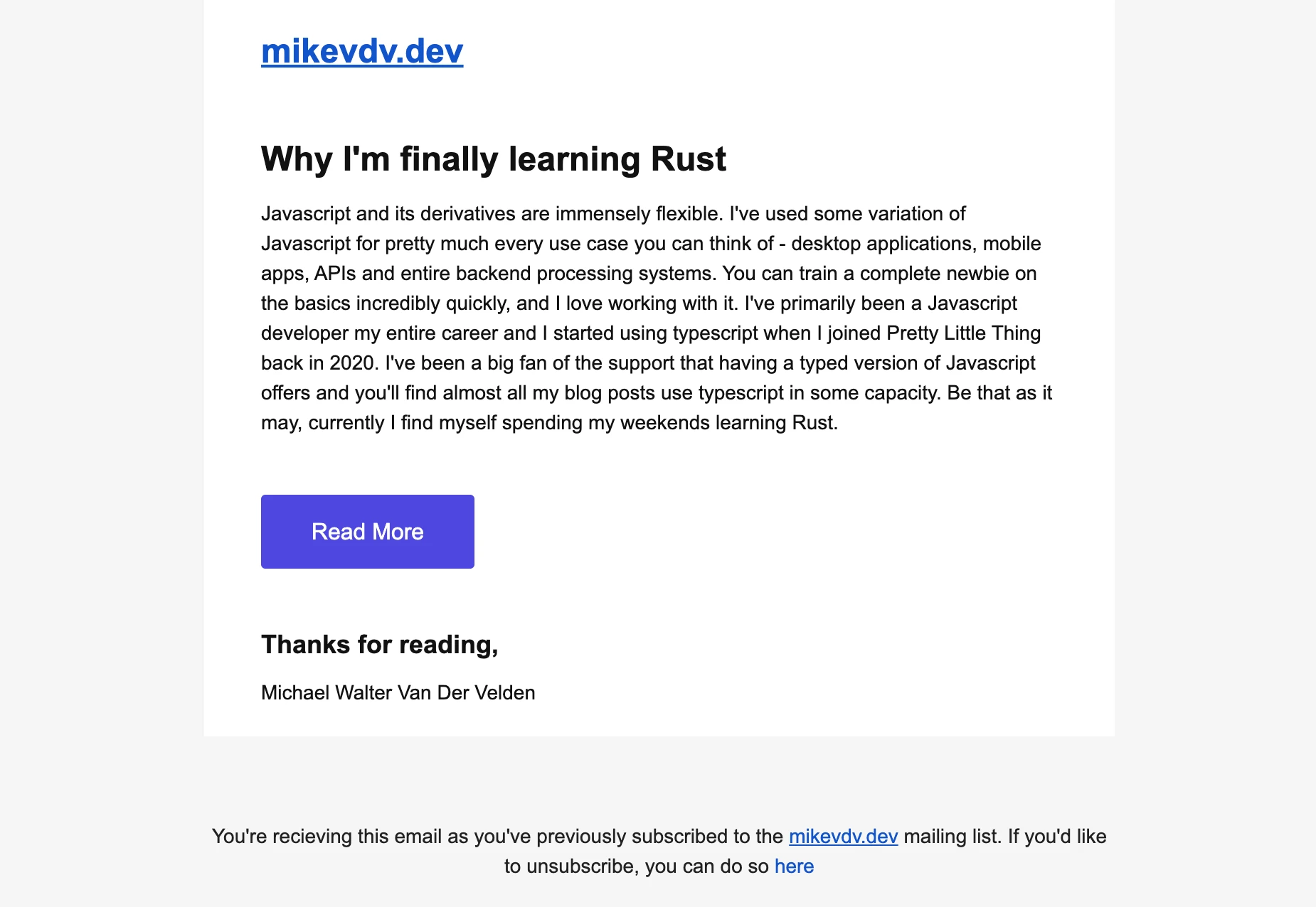 An example of one of Mike's emails that uses a dynamic template.