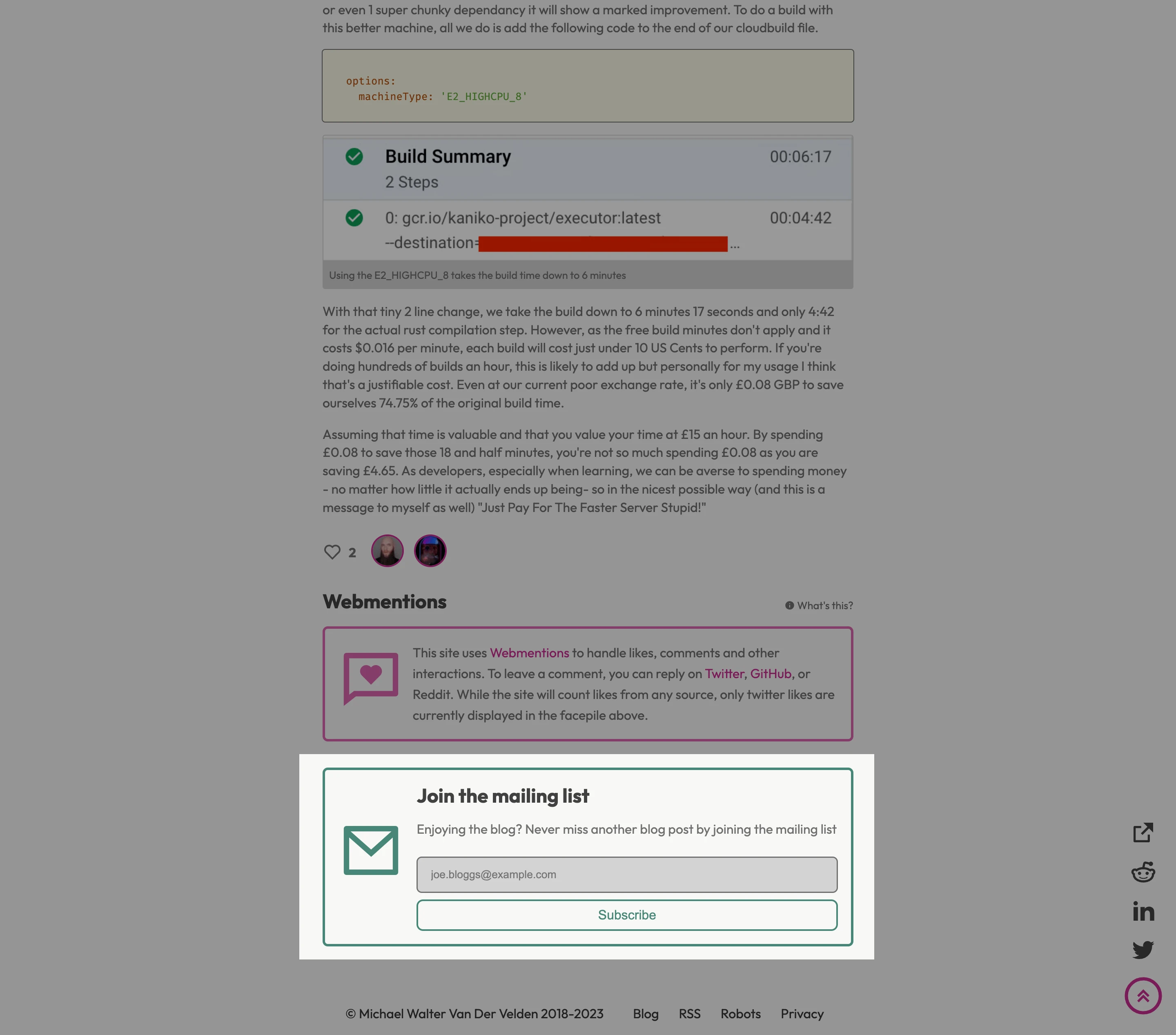 A screenshot of Michael's website with the blog updates registration box highlighted.
