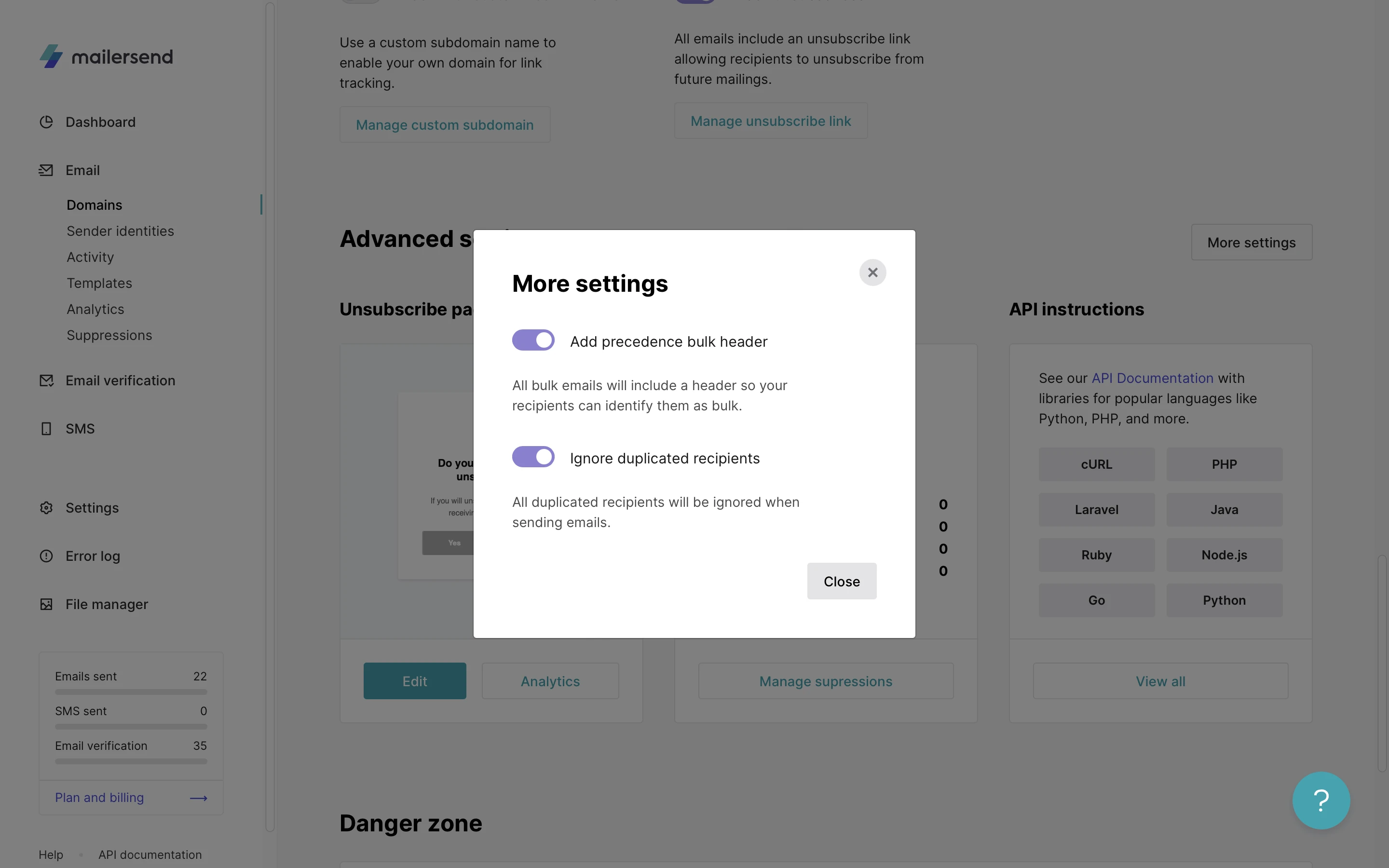 Screenshot showing the precedence header option enabled in MailerSend. 