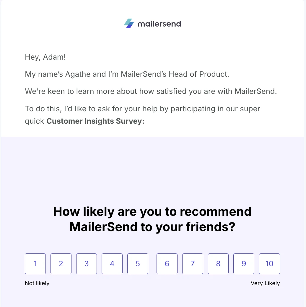 An example of an NPS survey that MailerSend has sent.