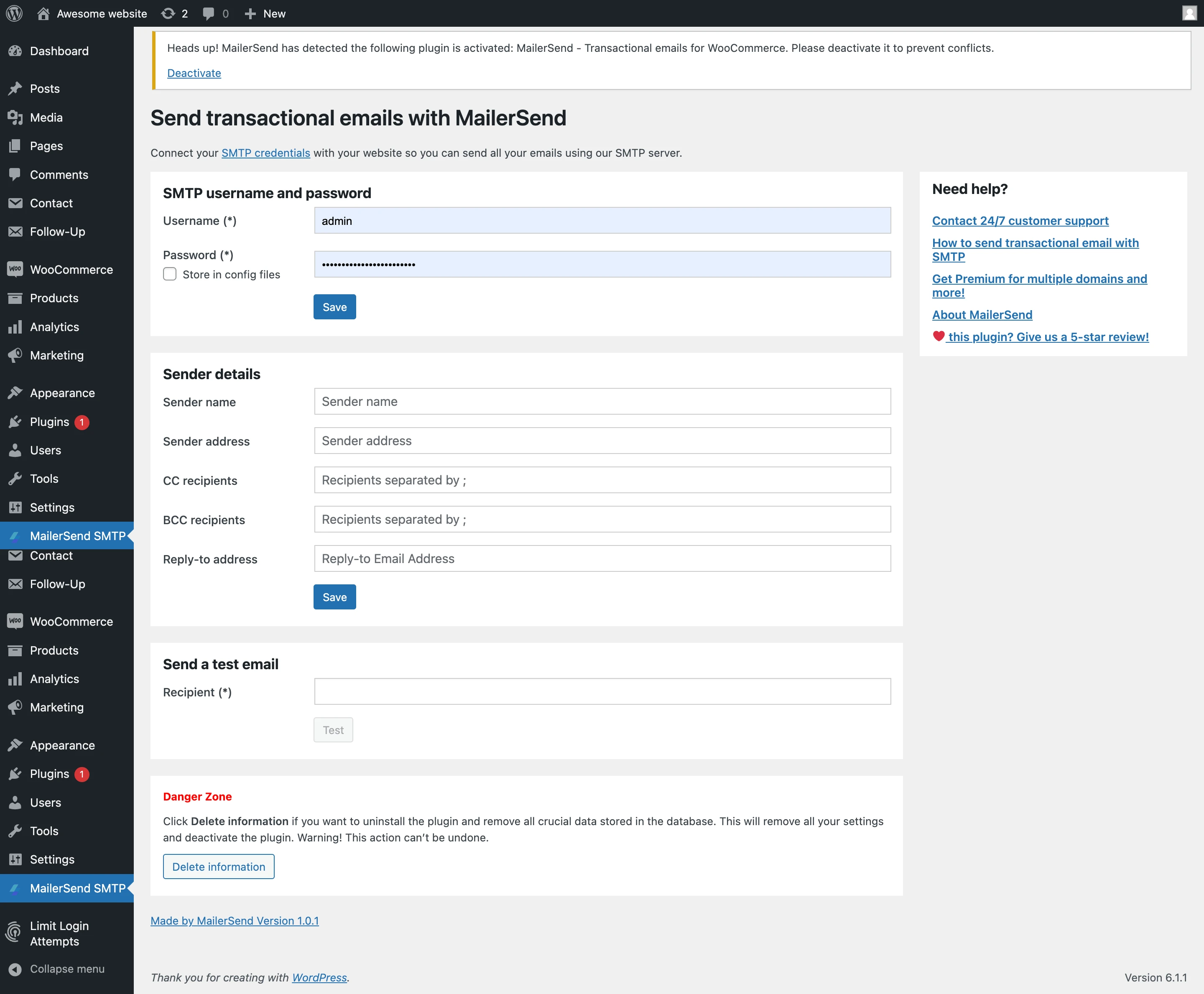 MailerSend's SMTP plugin admin page in WordPress.