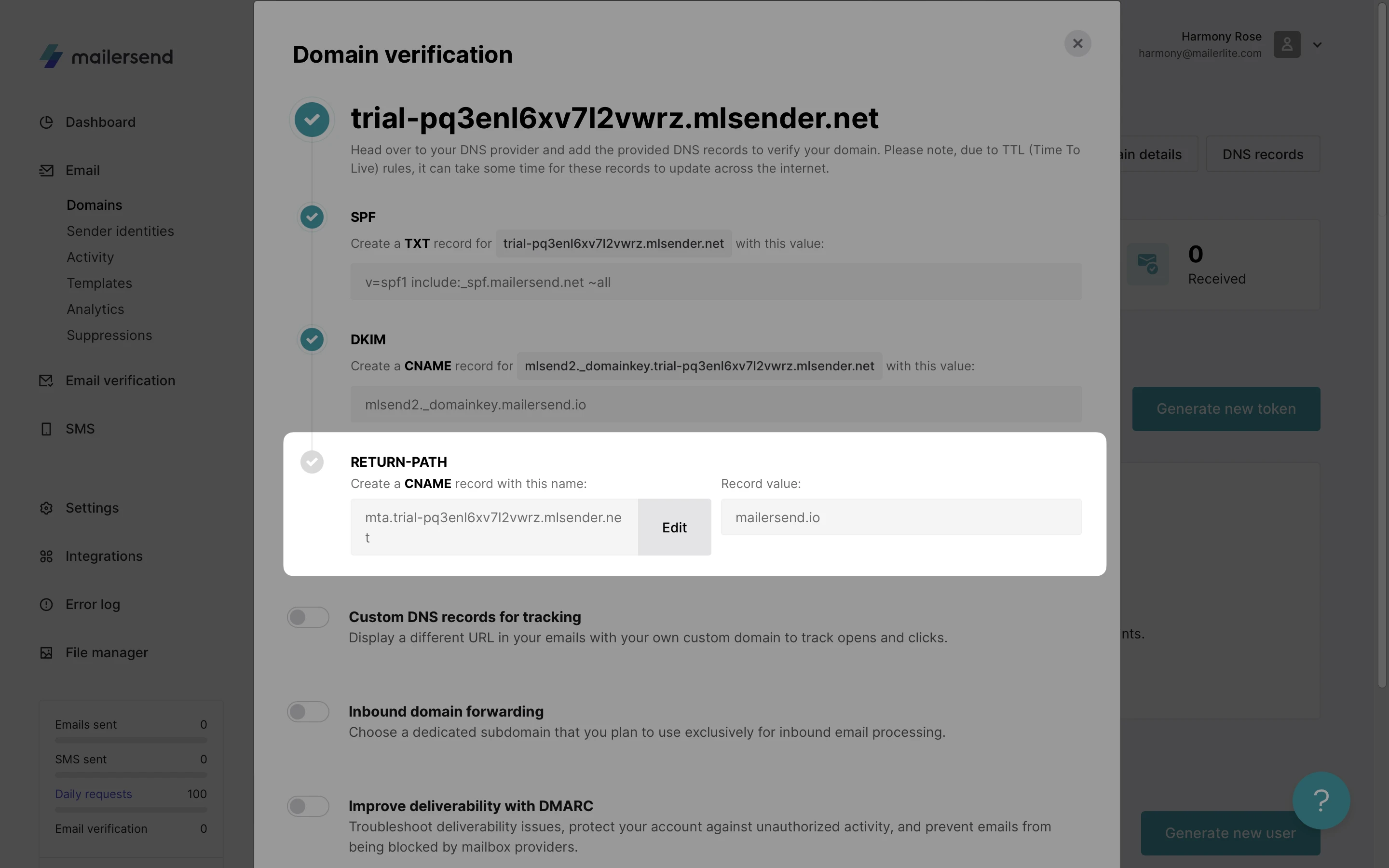 Edit the CNAME record for return-path in MailerSend.