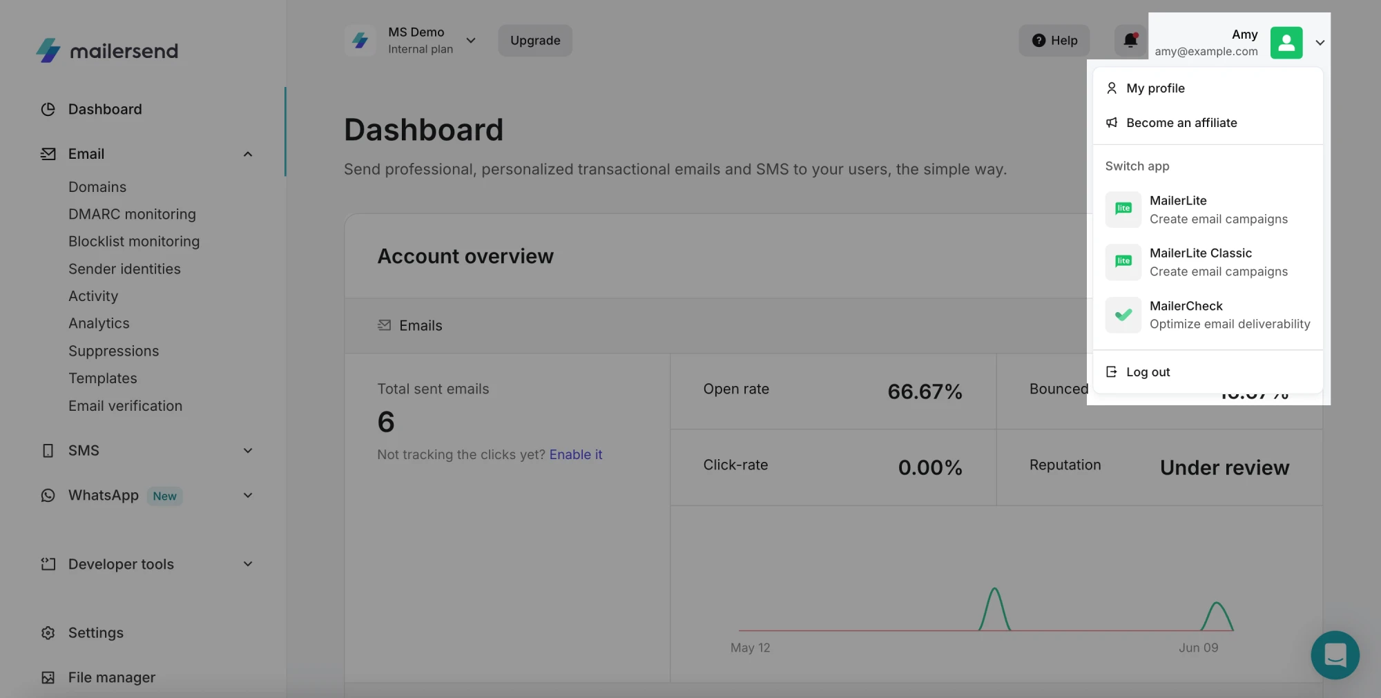 Accessing the Profile menu in the MailerSend app. 