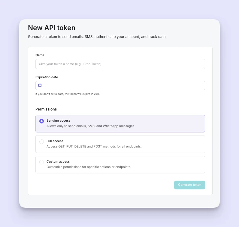 Creating a new API token in MailerSend