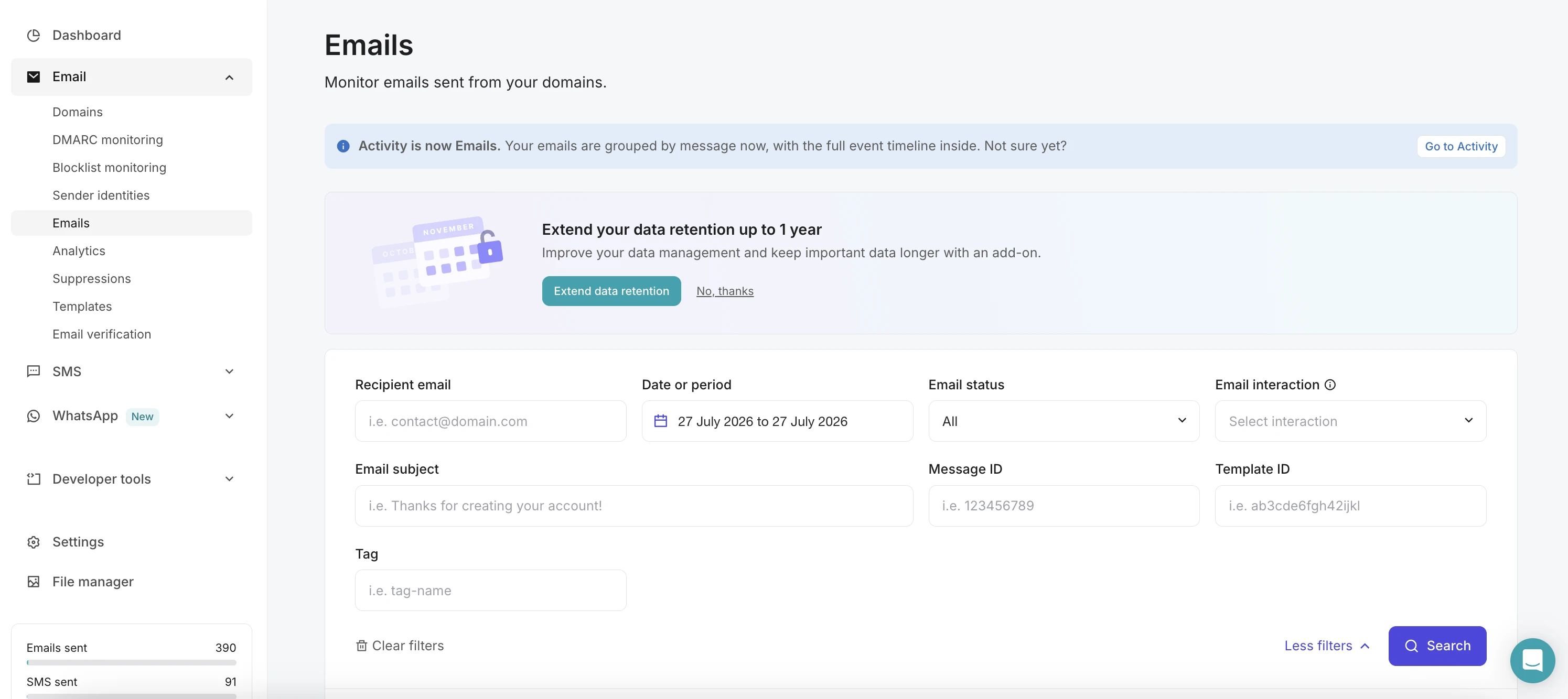 The MailerSend Activity page. 