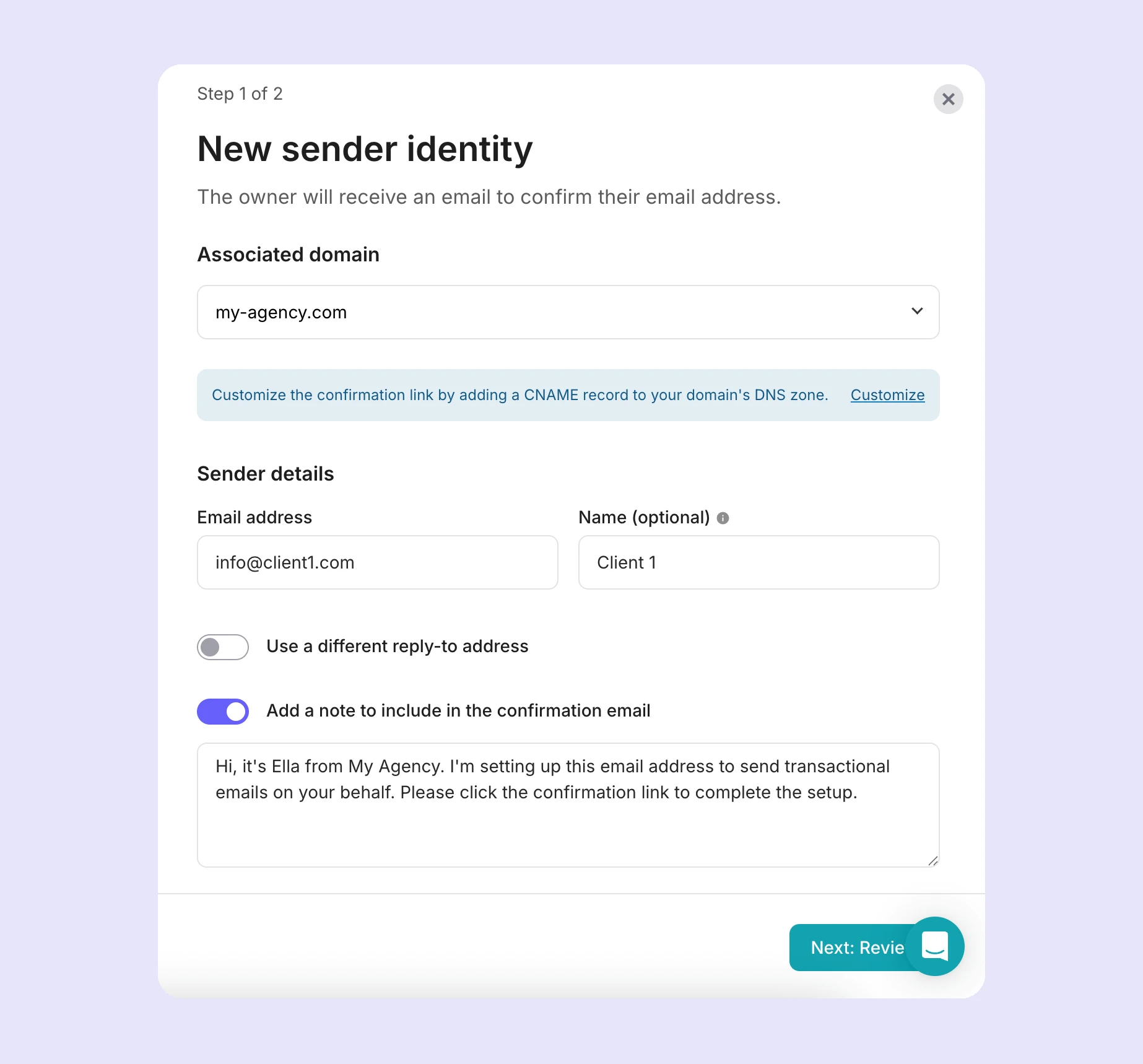 The sender identity setup page. 