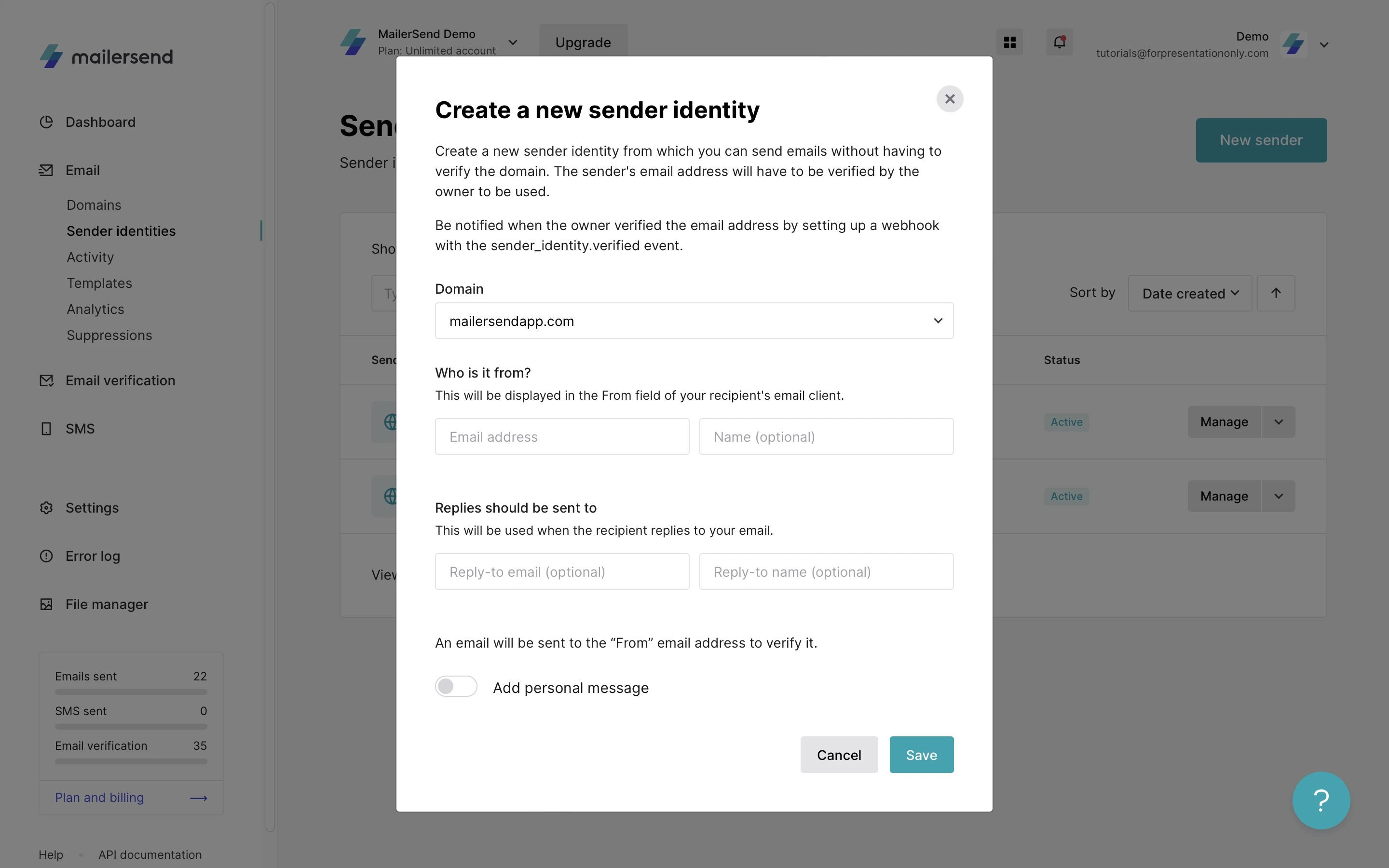 Screenshot of the screen to set up a new sender identity in MailerSend.