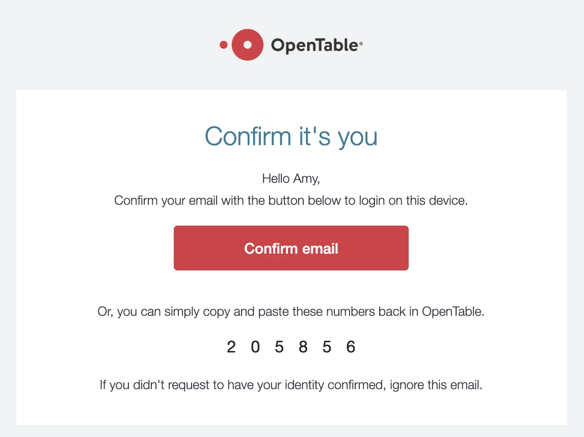 An example of an email OTP from OpenTable.