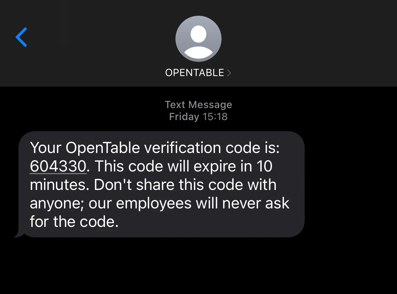 An example of an SMS OTP from OpenTable.