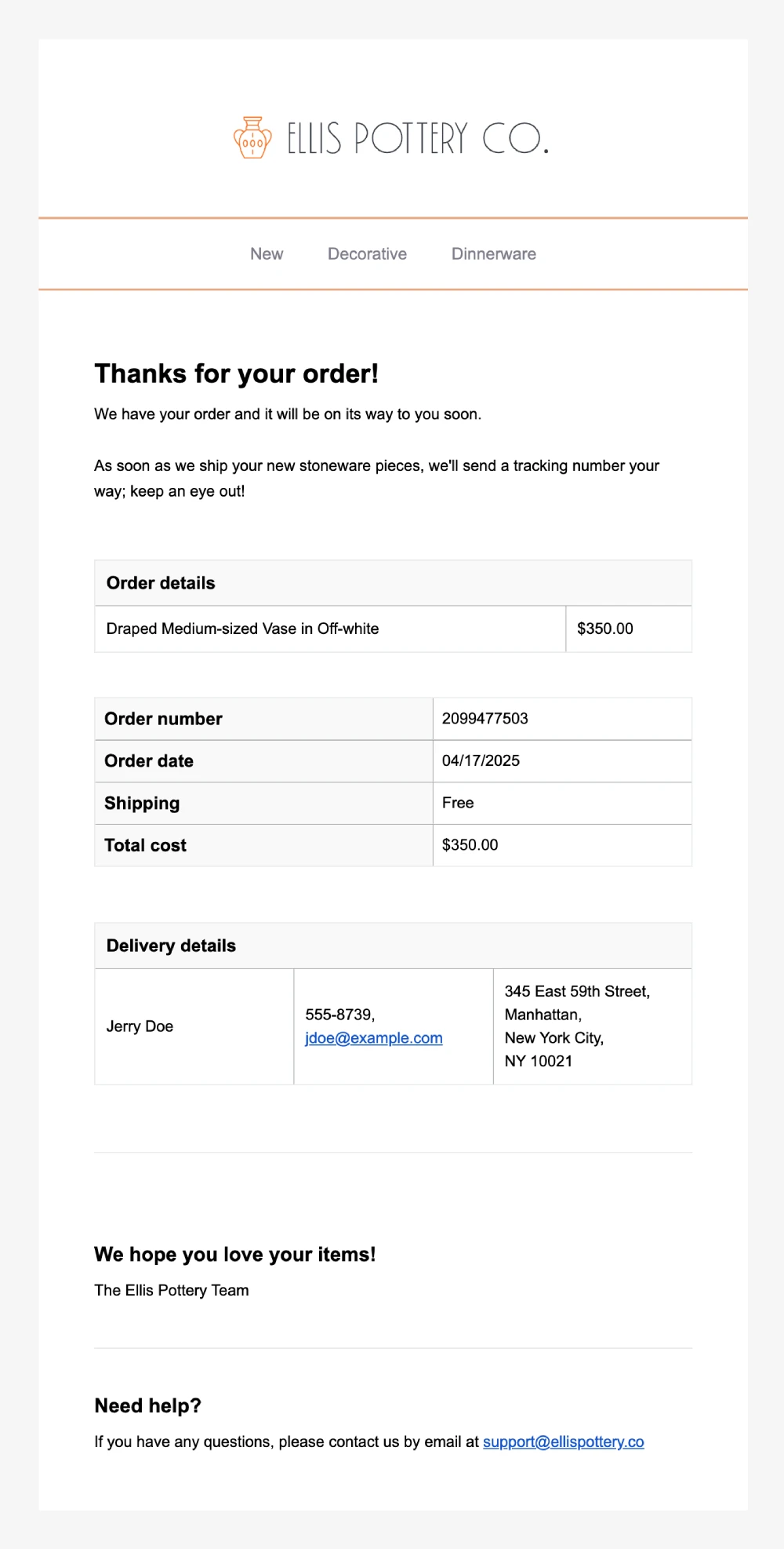 An example of an order confirmation email built in MailerSend's drag and drop builder.