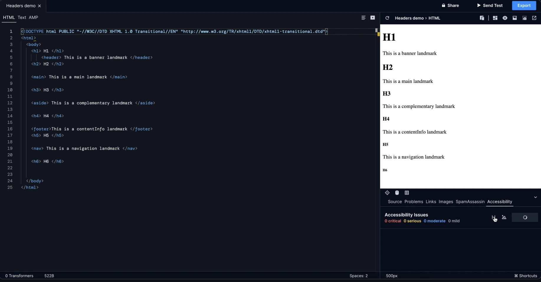 Parcel.io accessibility checker feature. 