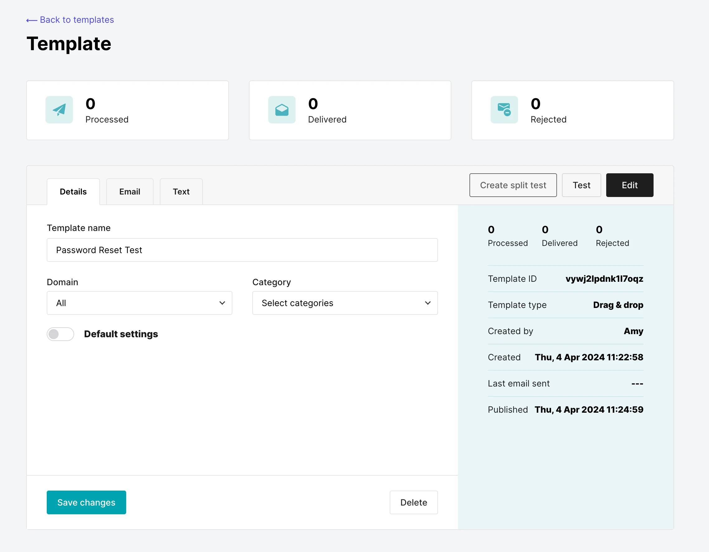MailerSend Template settings page
