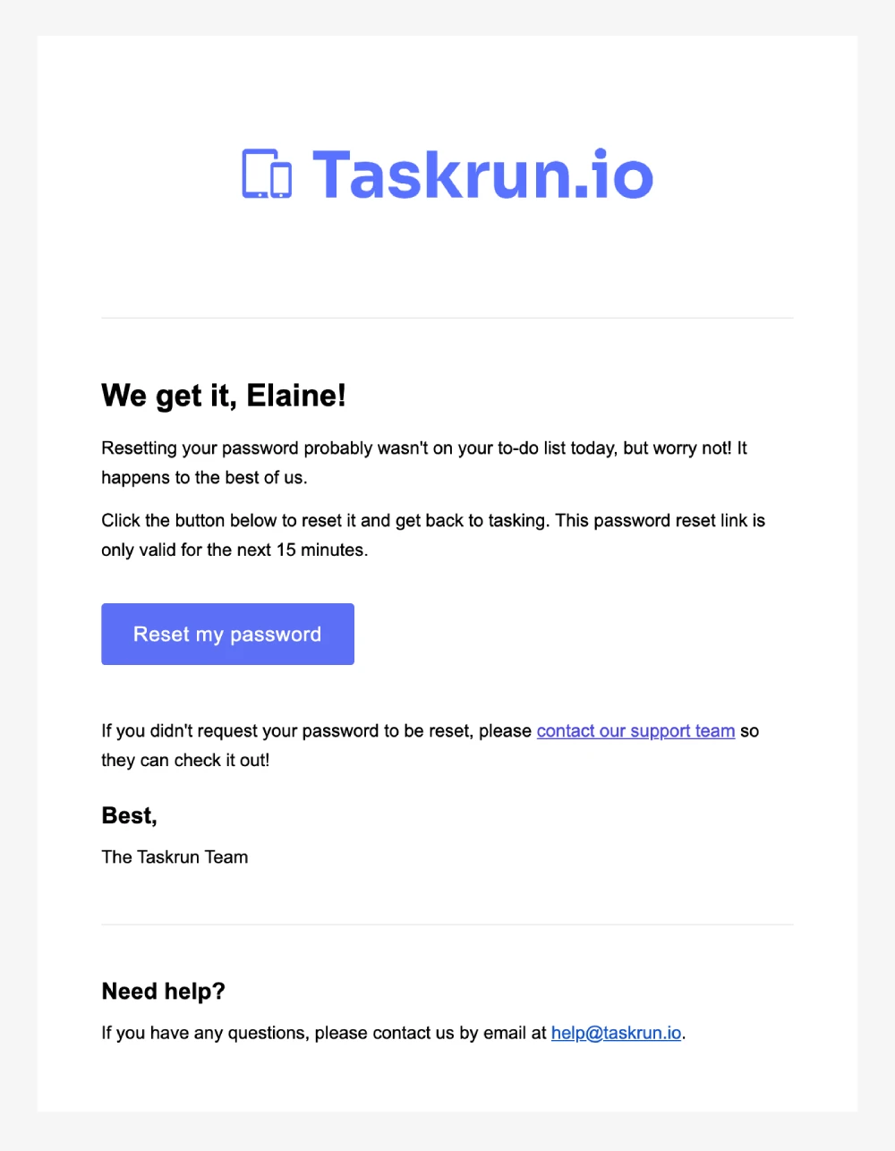 An example of a password reset email created with MailerSend's drag and drop builder.