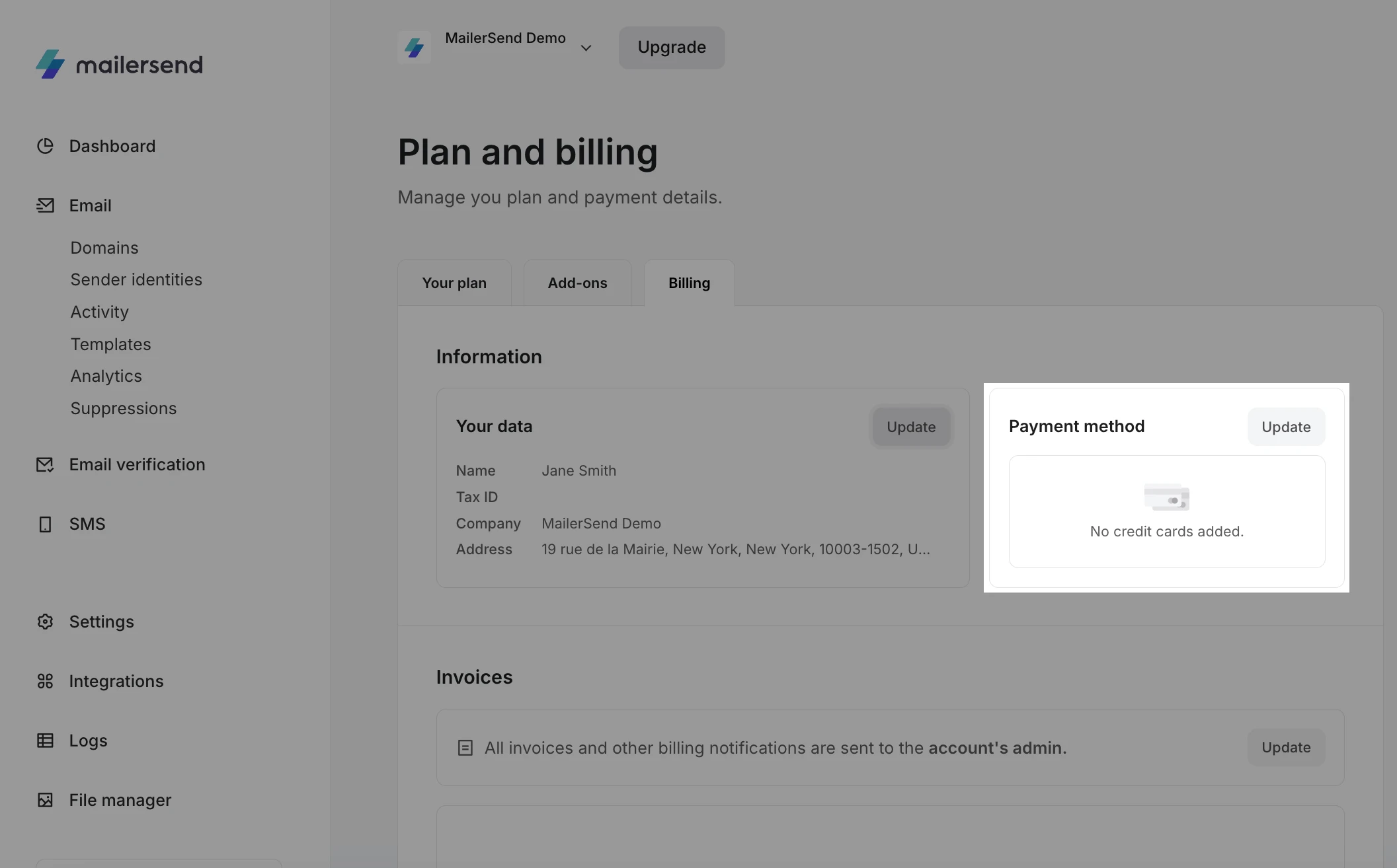 The Billing tab with the Payment Methods section highlighted.