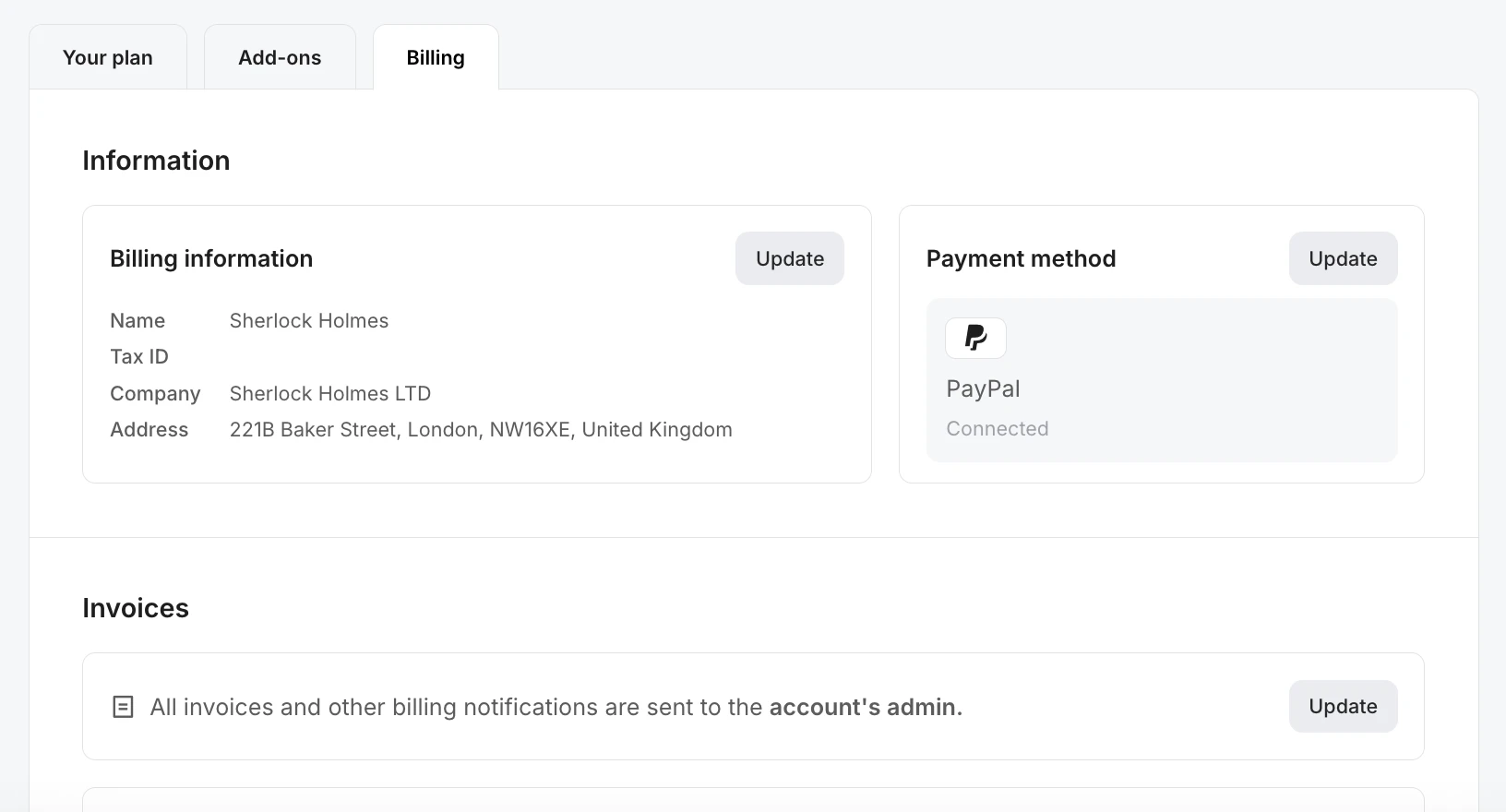 The Billing tab with the Payment Methods section highlighted.