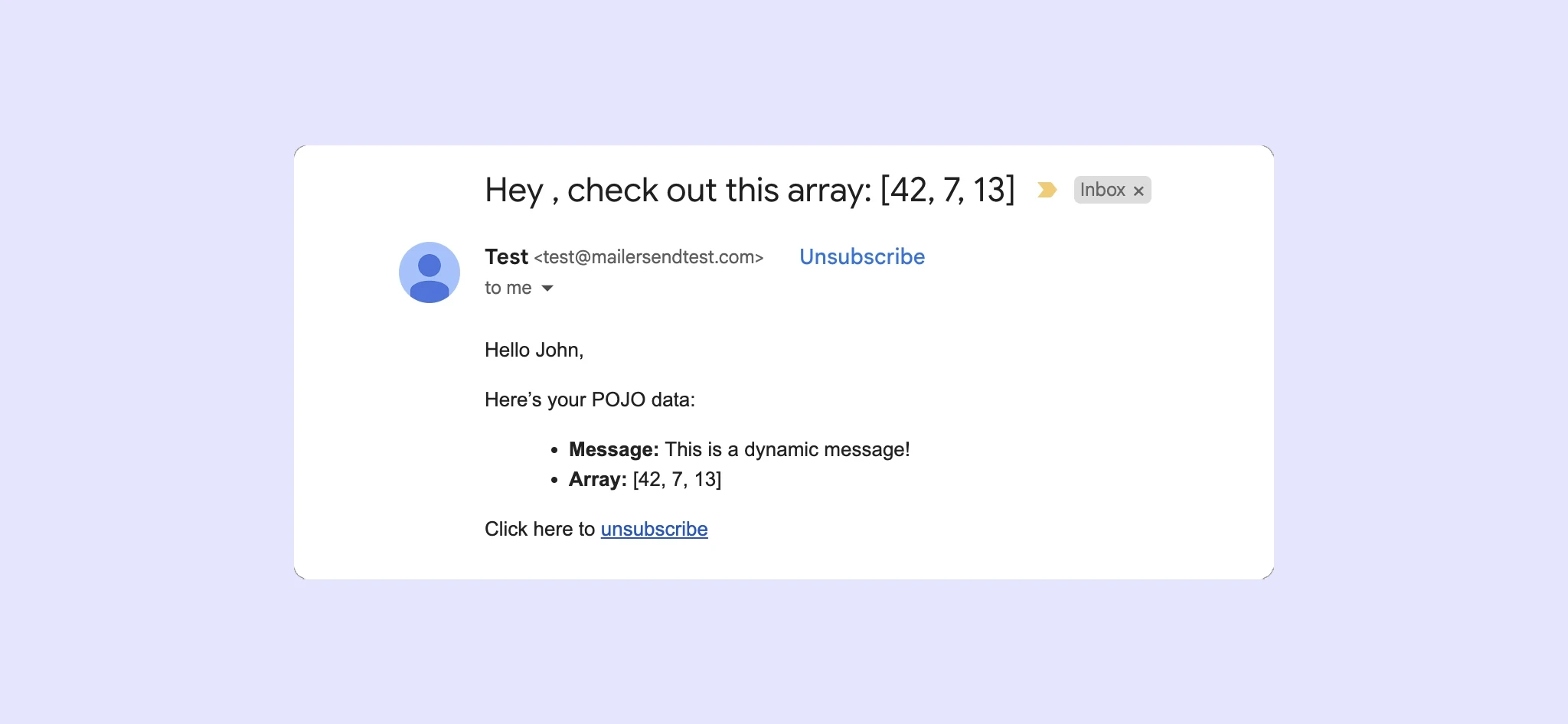 An example of a personalized email sent with Java and the MailerSend API.