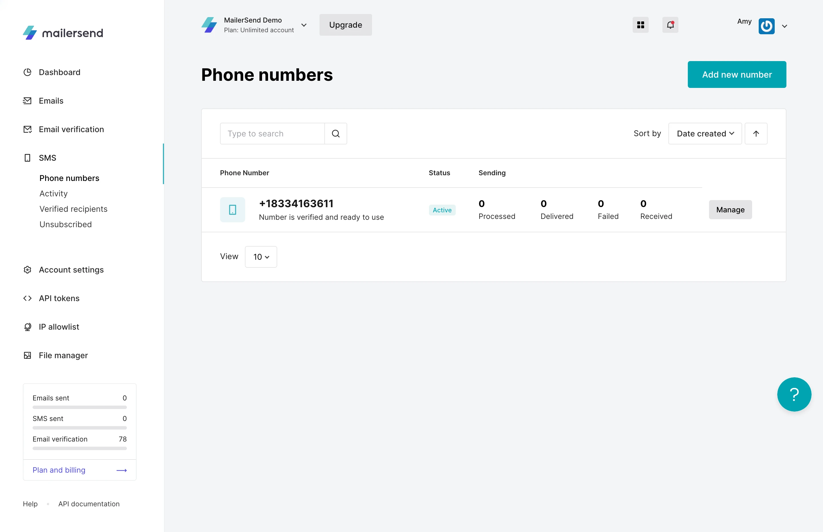 View of MailerSend's phone numbers page.