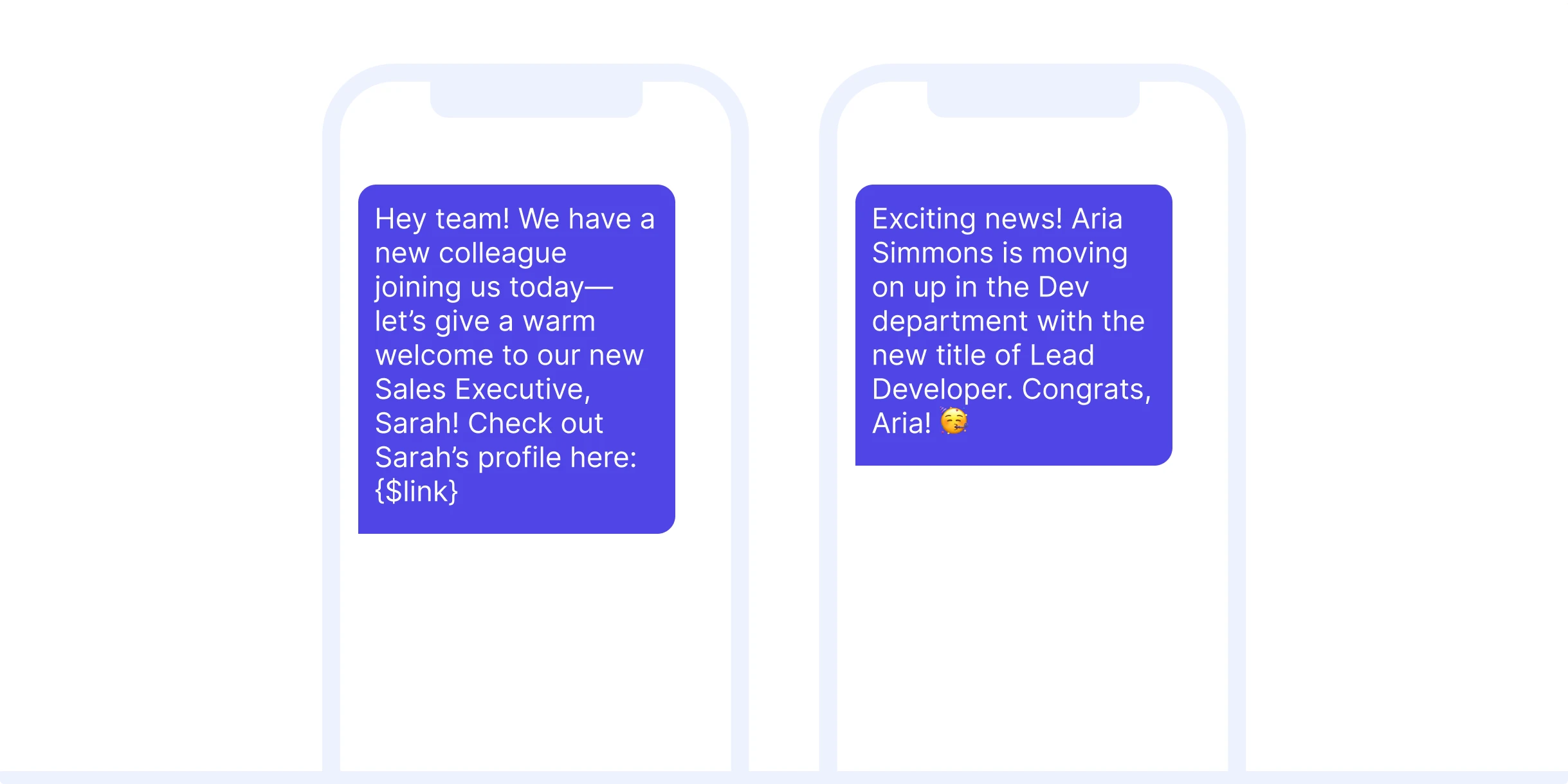 Transactional SMS examples for people updates.