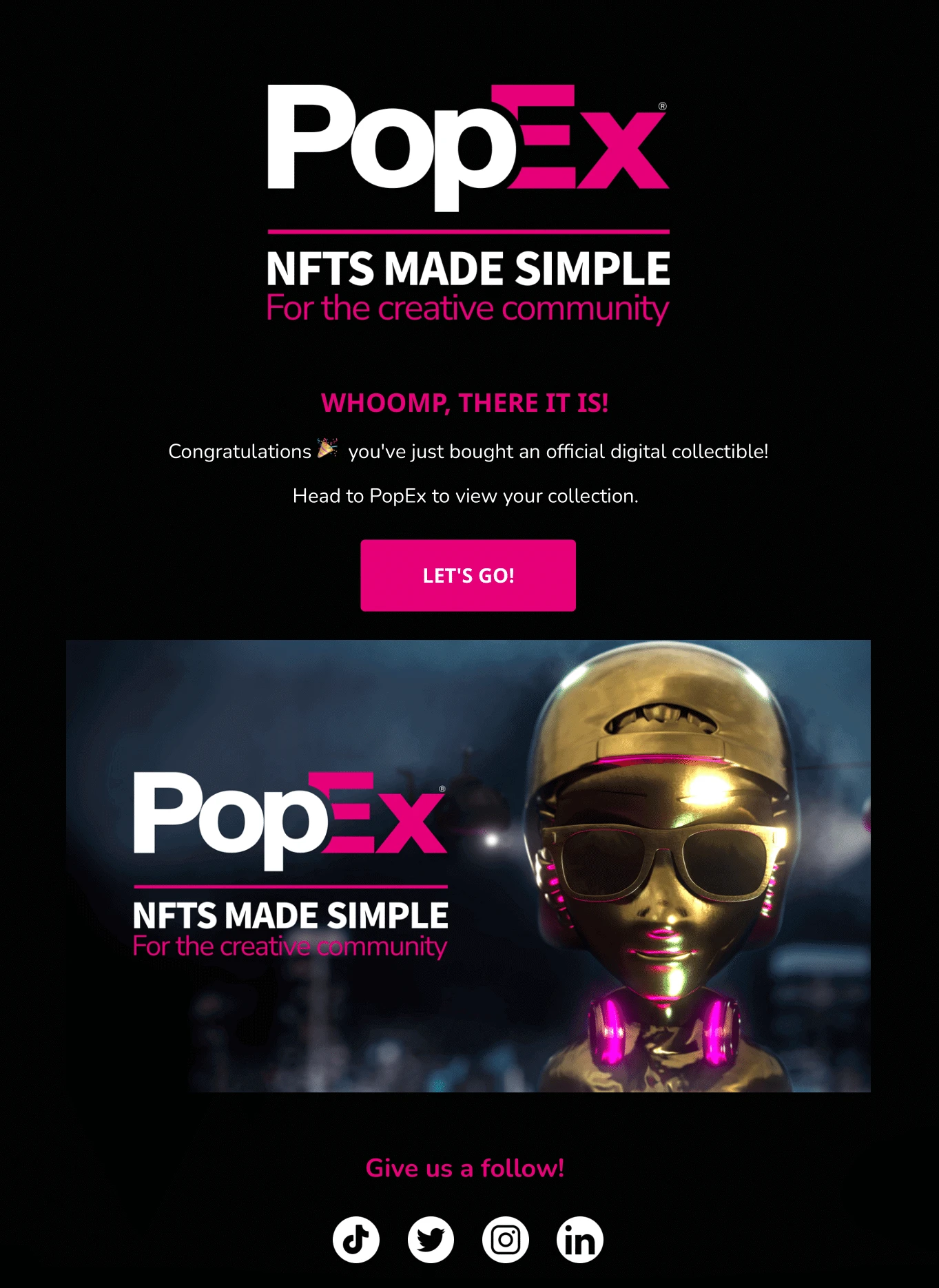 PopEx email template with social media icons.
