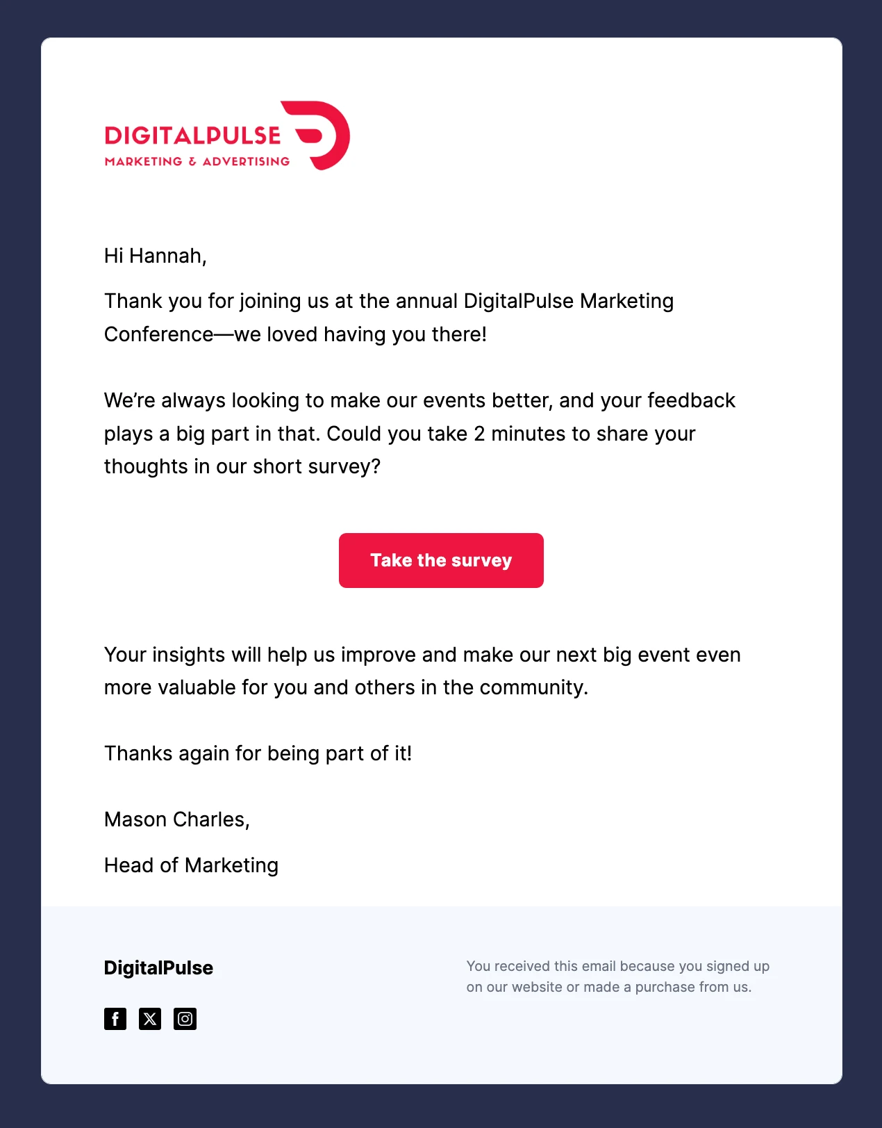 A post-event survey email template built with the drag and drop editor in MailerSend.