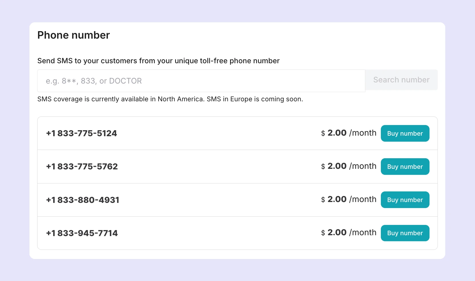 The purchase phone number add-on in MailerSend.