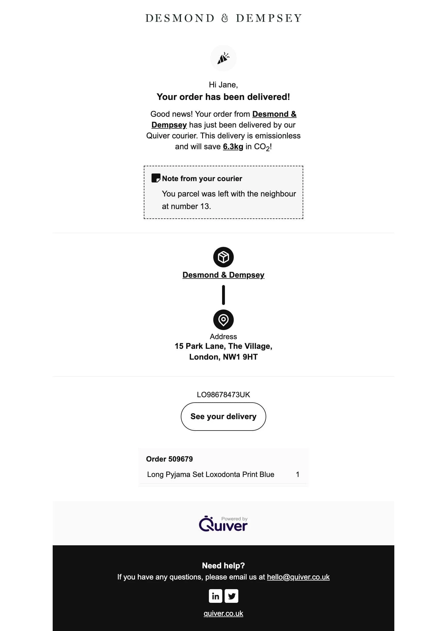 A delivery confirmation email example from Desmong & Dempsey.