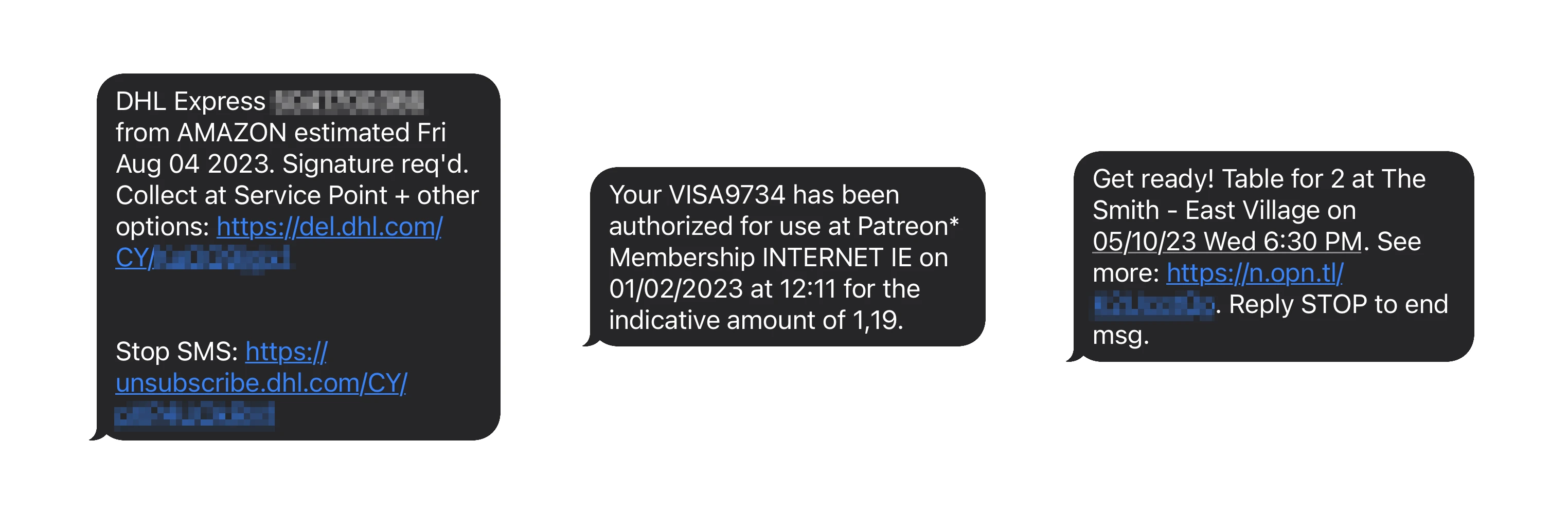 Real transactional SMS examples from DHL, a bank and OpenTable.