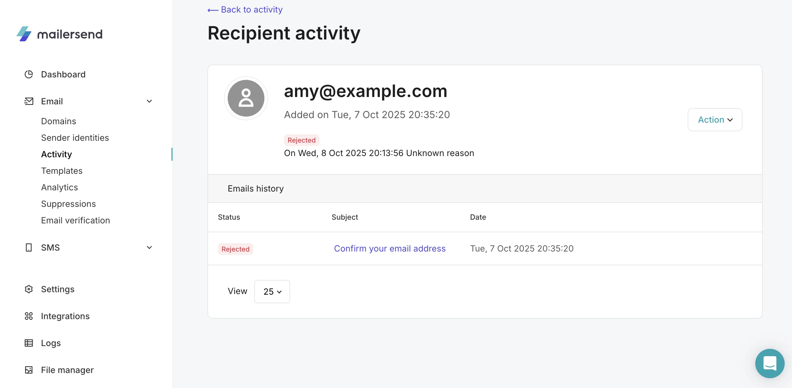 Page showing the activity of a specific recipient in MailerSend.