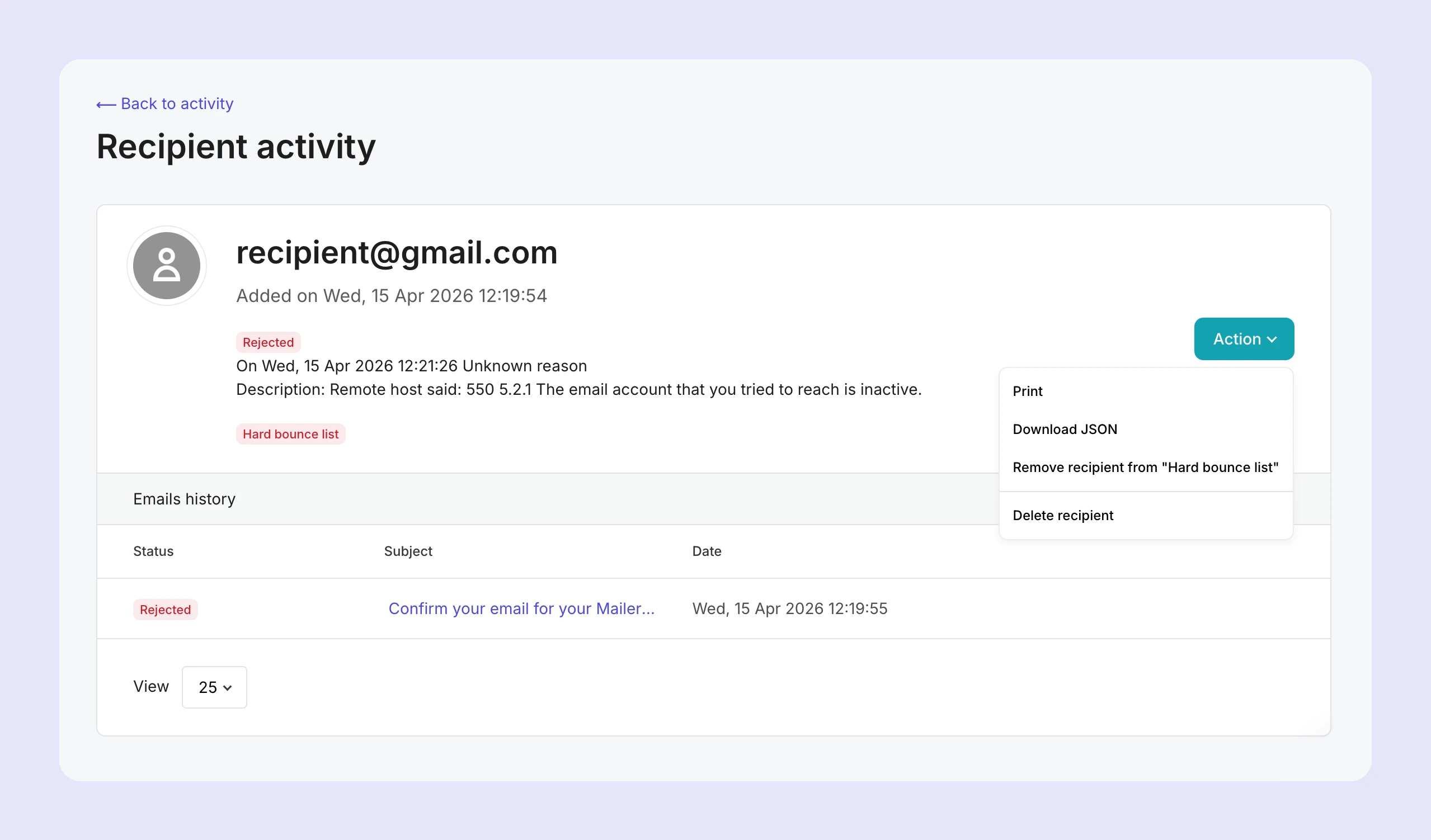 Page showing the activity of a specific recipient in MailerSend.