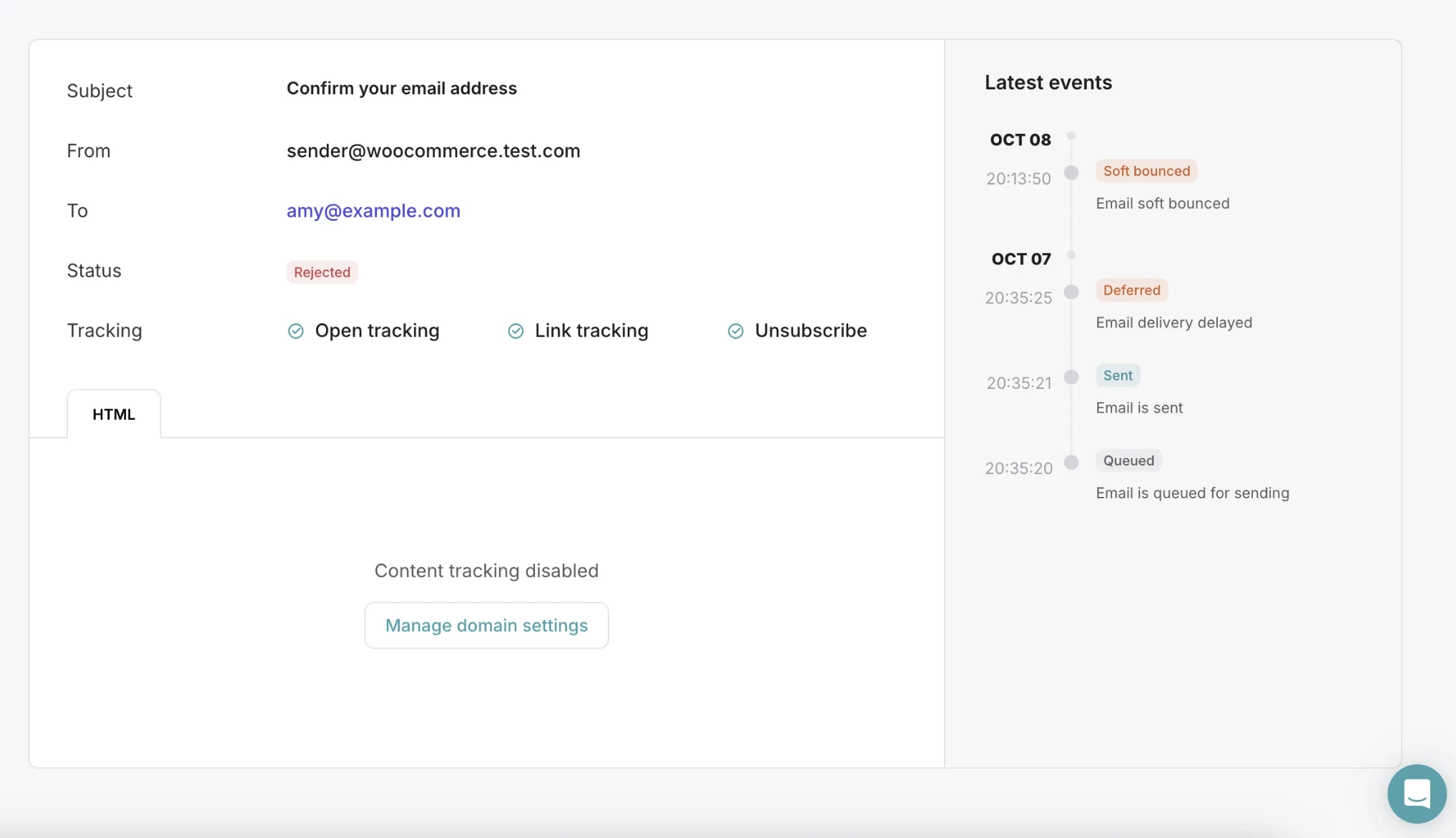 Display of the activity of a specific email in MailerSend.
