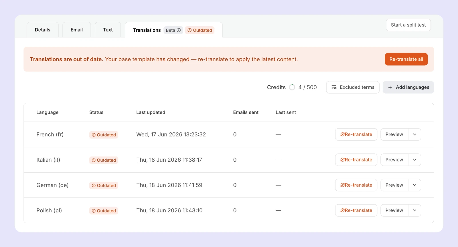 The Translations tab showing the templates' outdated status and option to re-translate.