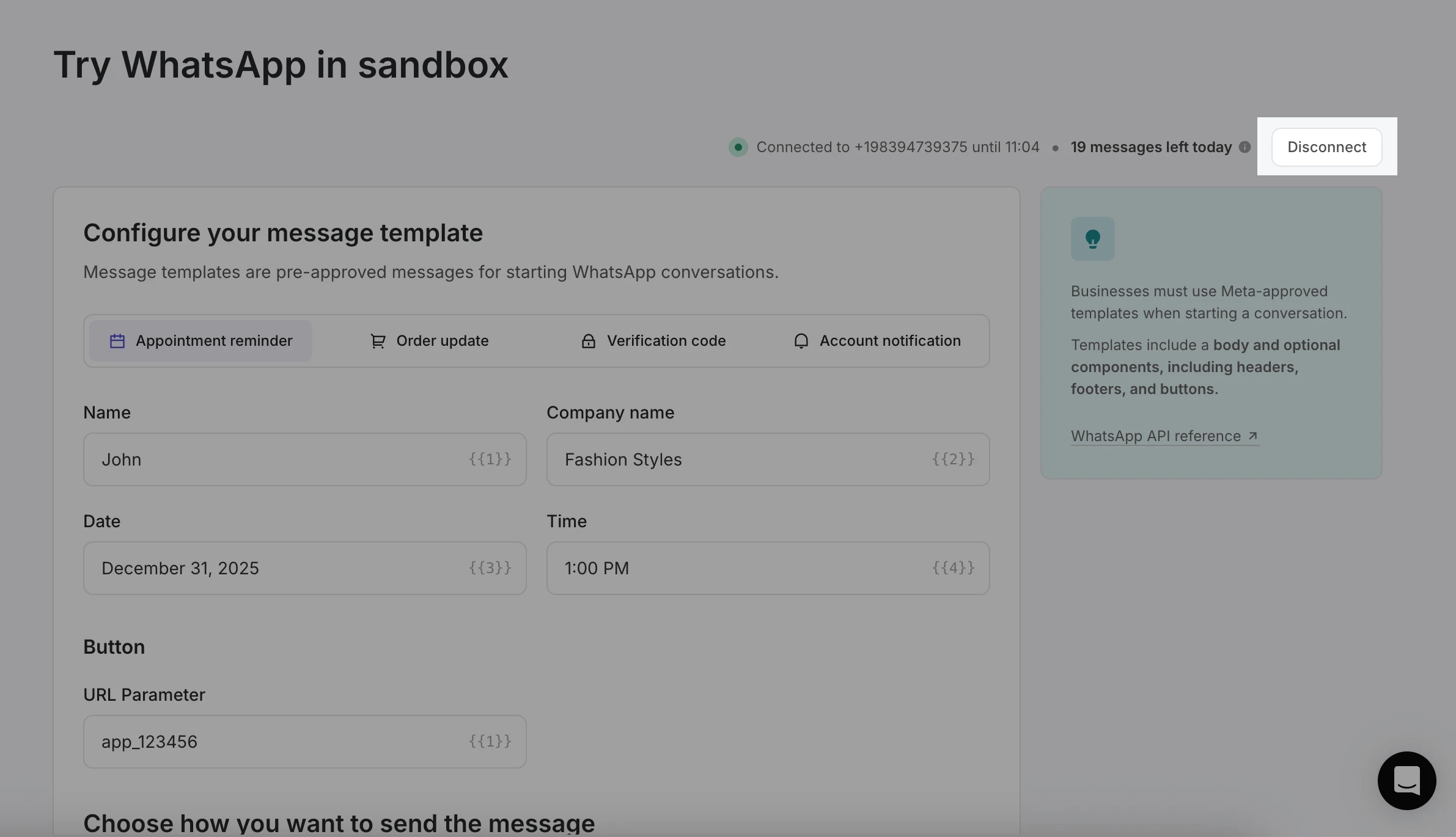 The WhatsApp sandbox with the Disconnect button highlighted.