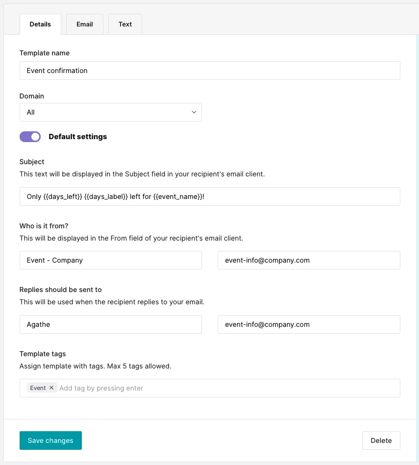 Template settings and subject line personalization in MailerSend.