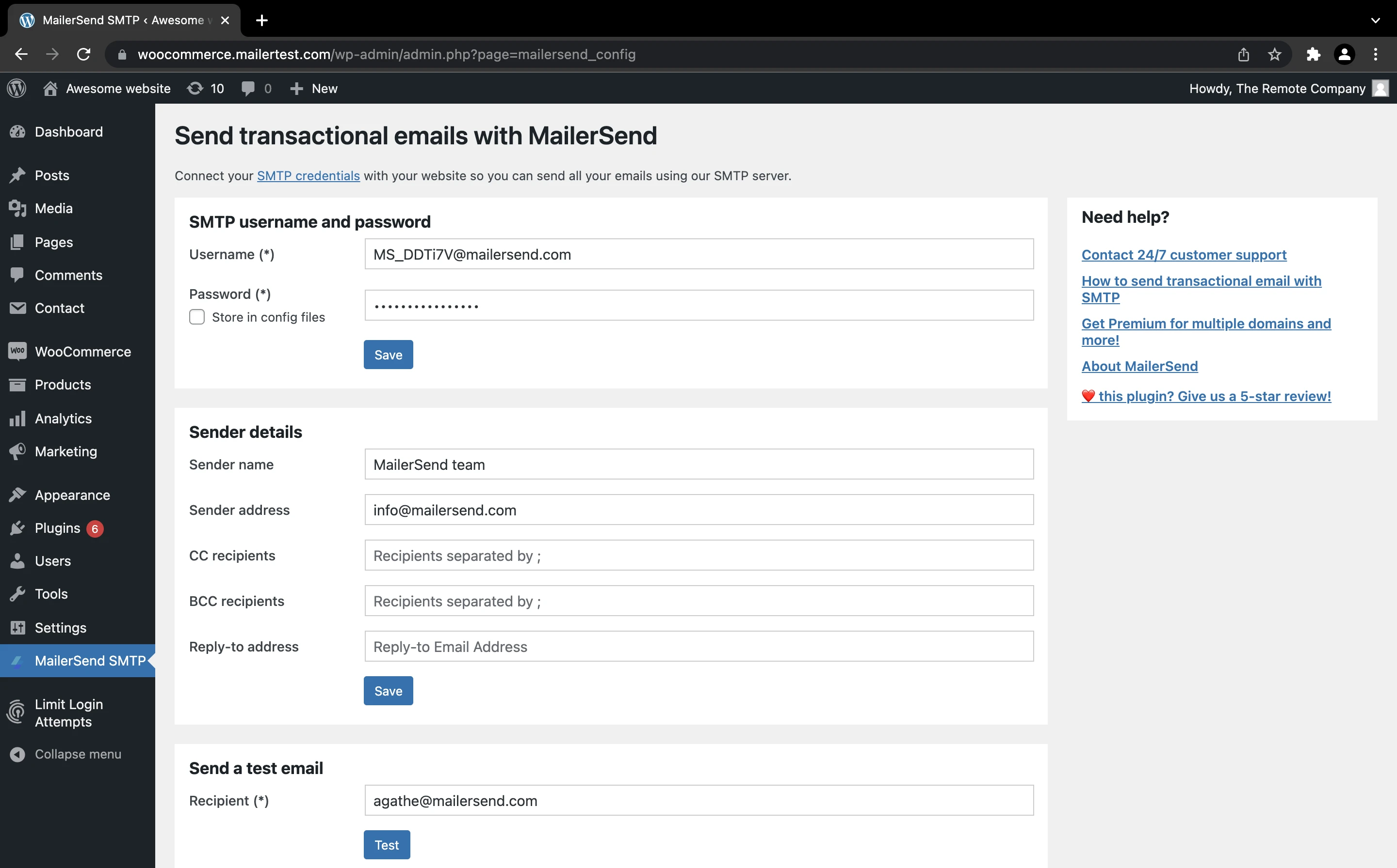 Screenshot of the SMTP plugin