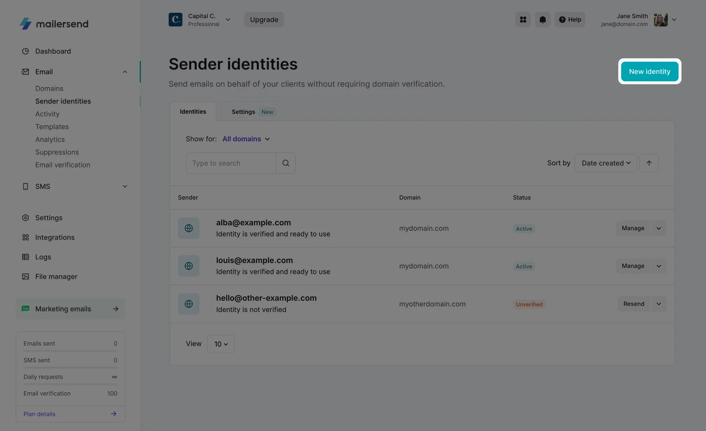 View of the sender identities page with the New identity button highlighted.