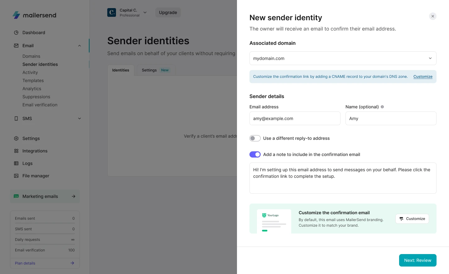 Screenshot of the screen to set up a new sender identity in MailerSend.