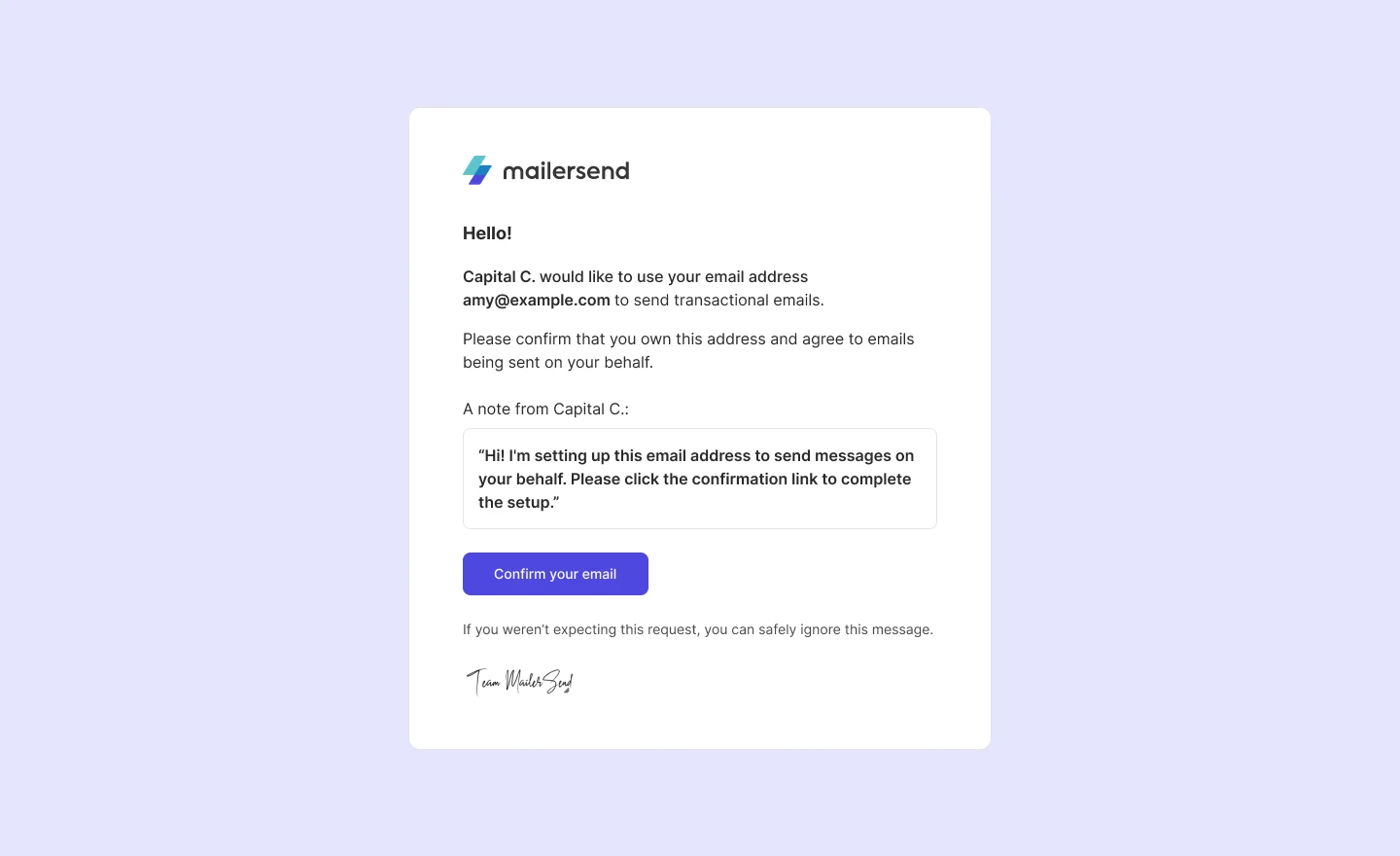 Example of an email verification email that will be sent to the owner of the sender identity email address.