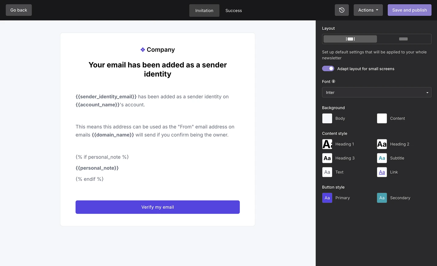The sender identity email builder in MailerSend.
