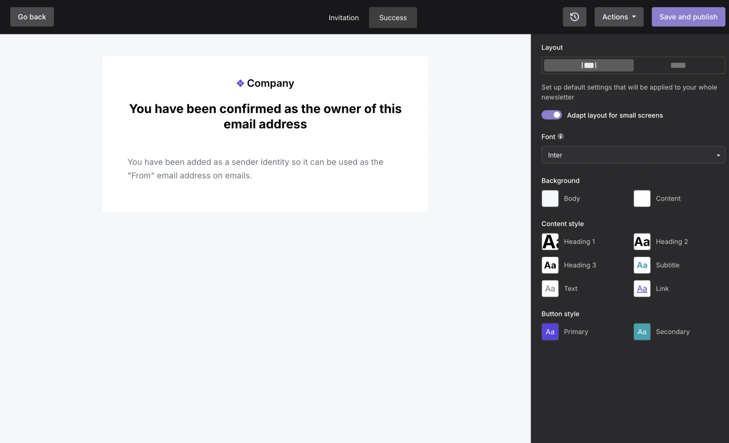 The success message customization page in the sender identity builder in MailerSend.
