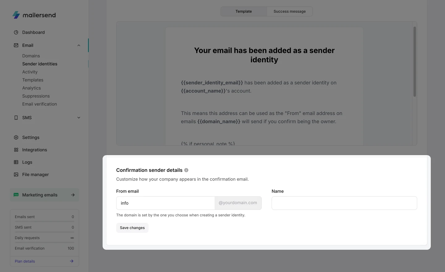 The confirmation sender details settings.