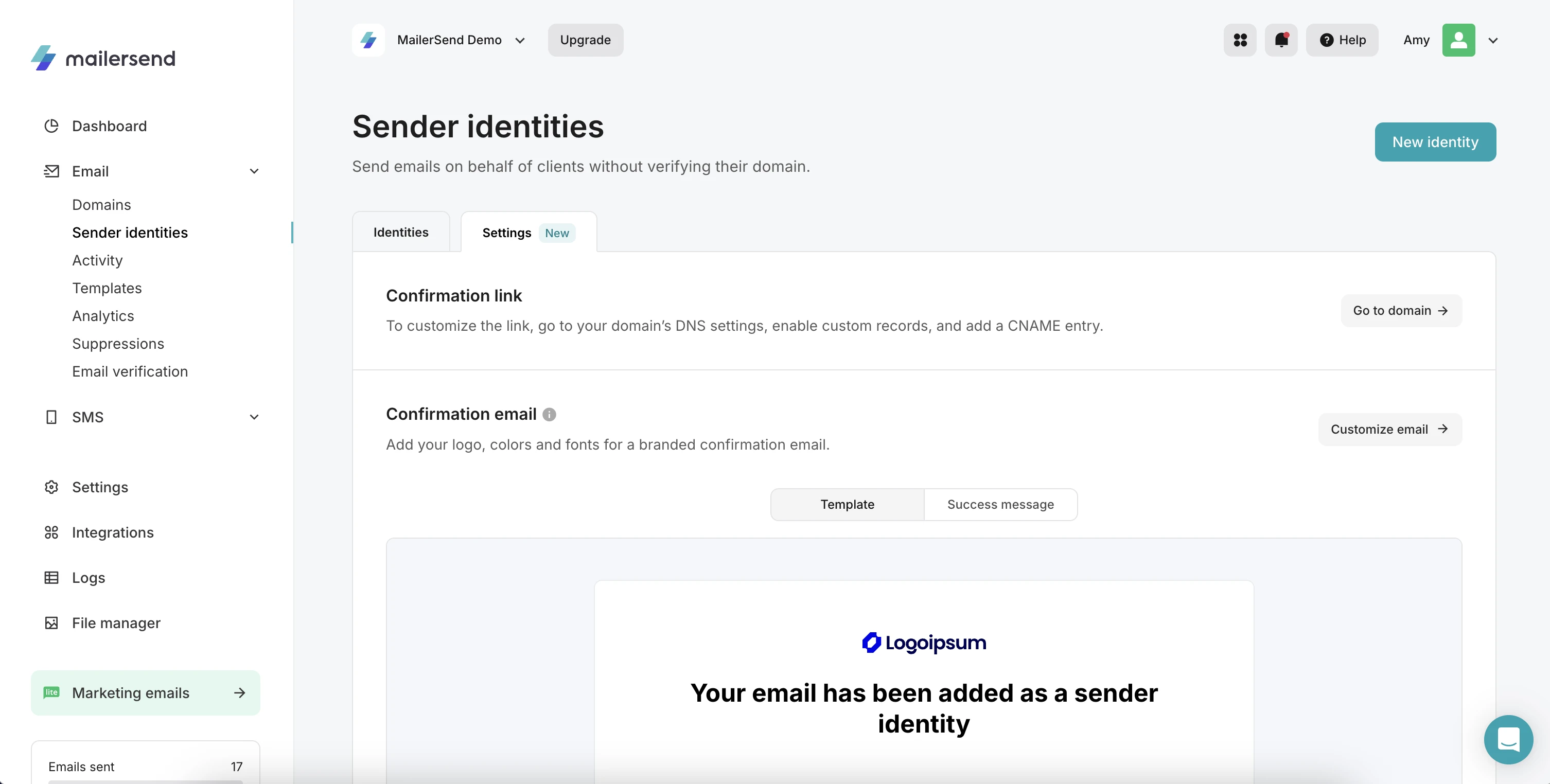 The Sender identity settings page in MailerSend.