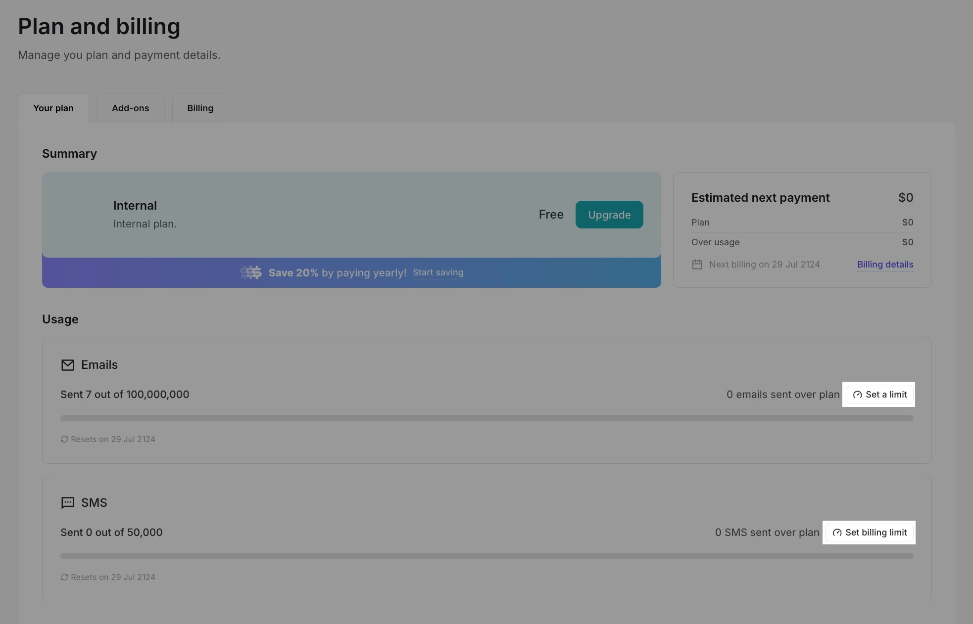 The billing limit options on the Your plan page.
