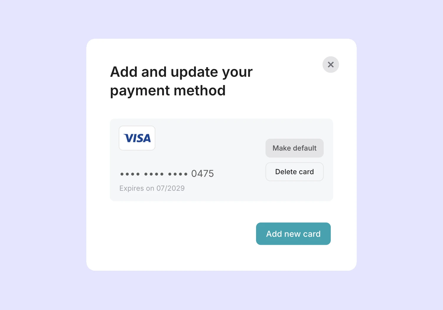The payment method modal with the option to see as default.