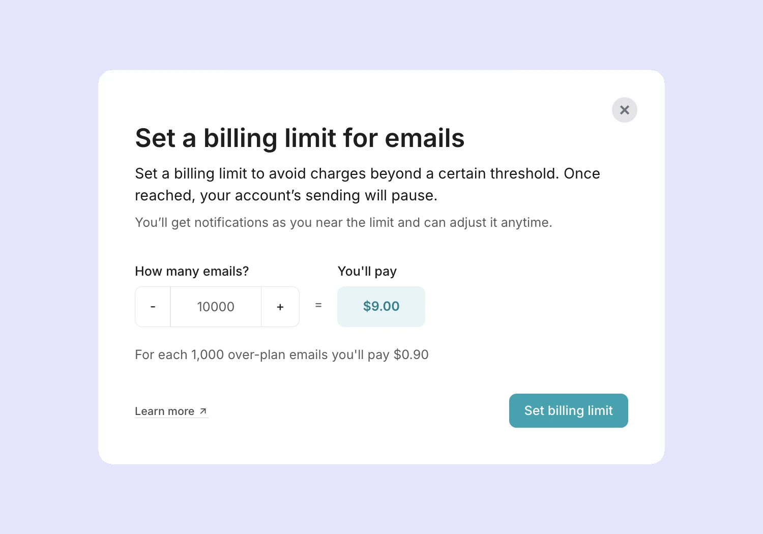 The billing limit option in MailerSend.